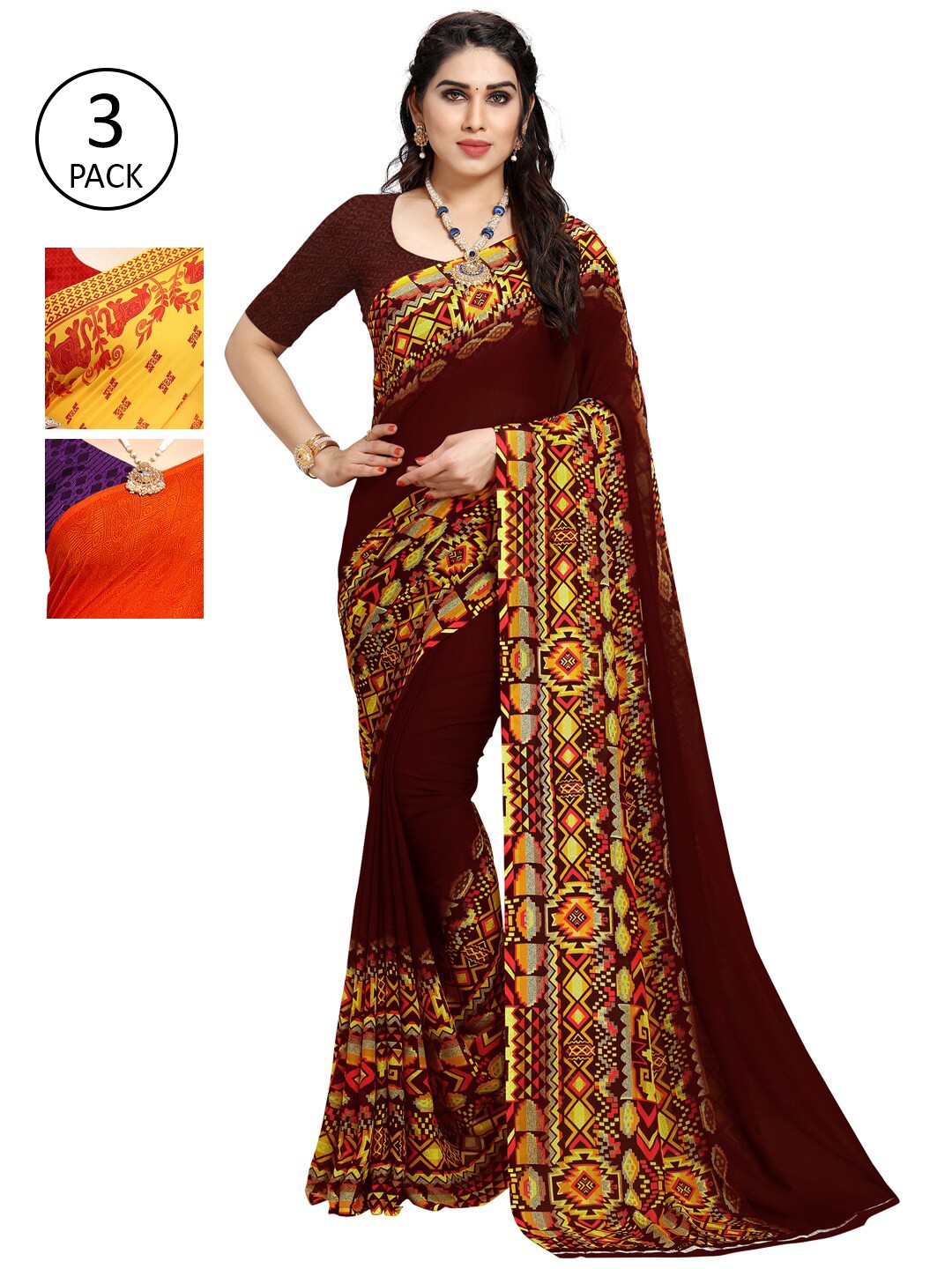 

KALINI Yellow & Red Ethnic Motifs Pack of 3 Saree