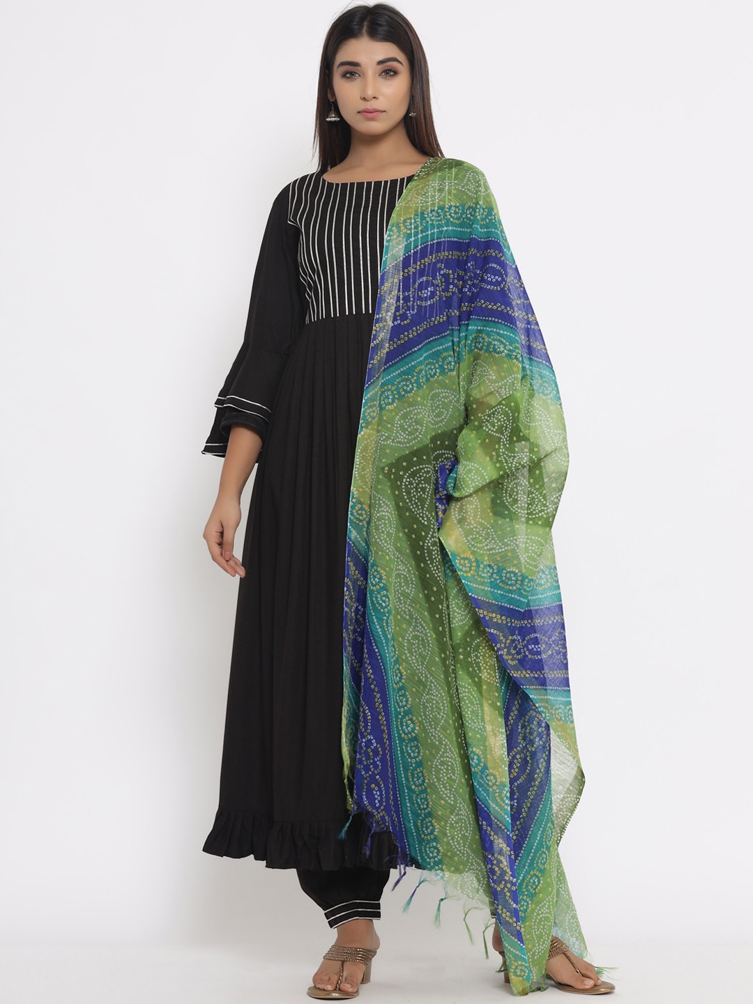 

Silai Bunai Women Black Striped & Pleated Kurta with Salwar & Dupatta