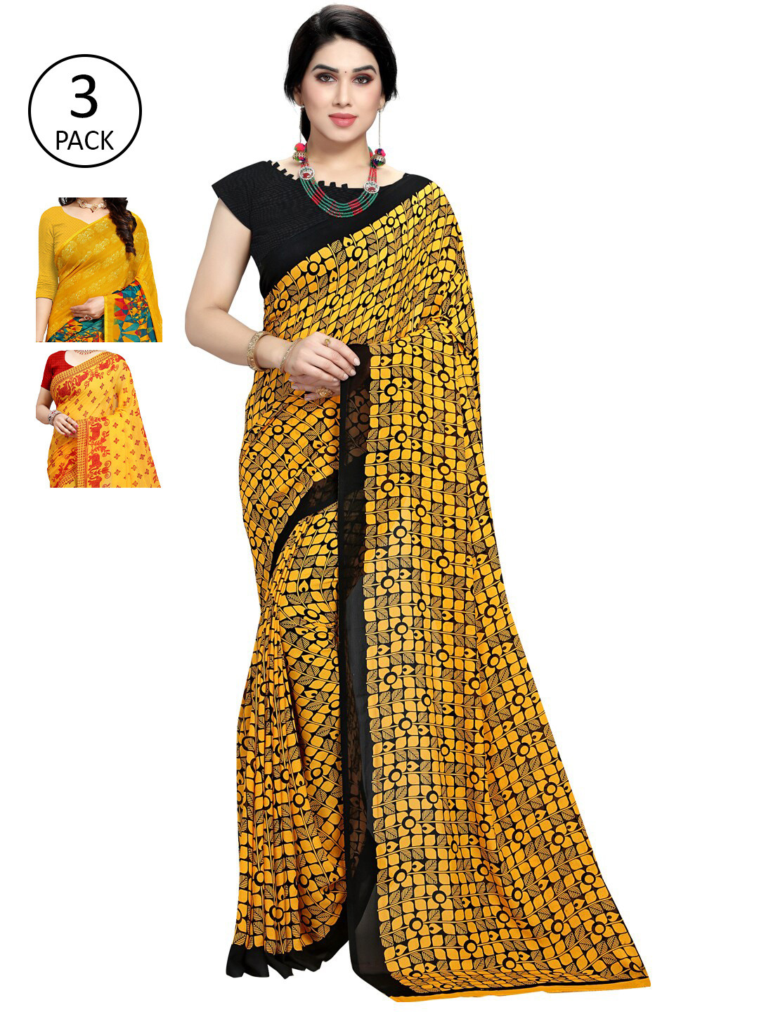 

KALINI Red & Yellow Floral Pack of 3 Saree