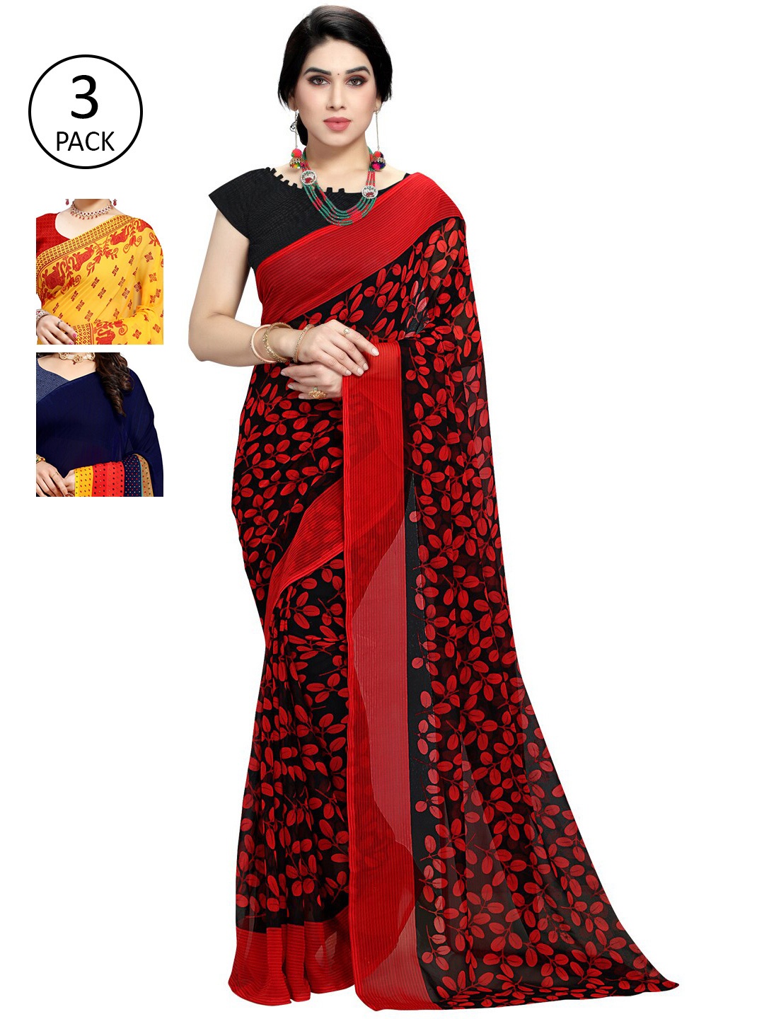 

KALINI Pack Of 3 Poly Georgette Printed Sarees, Yellow