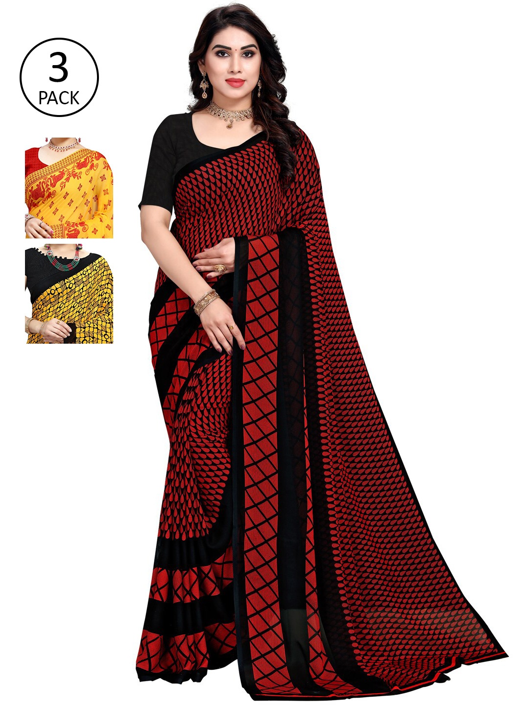

KALINI Pack of 3 Poly Georgette Sarees, Yellow