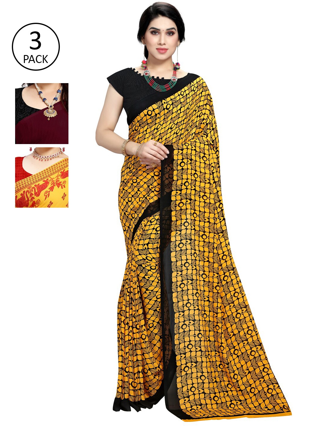 

KALINI Pack Of 3 Yellow & Red Poly Georgette Ethnic Motifs Saree