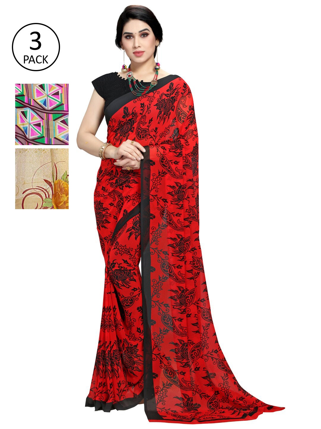 

KALINI Pack Of 3 Red & Black Ethnic Motifs Saree