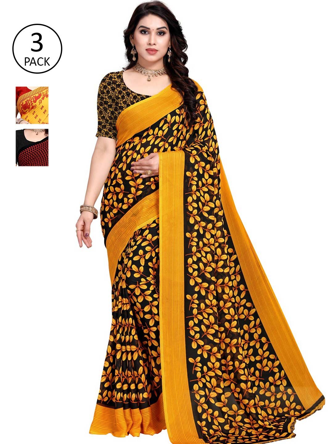 

KALINI Pack of 3 Printed Poly Georgette Saree, Multi