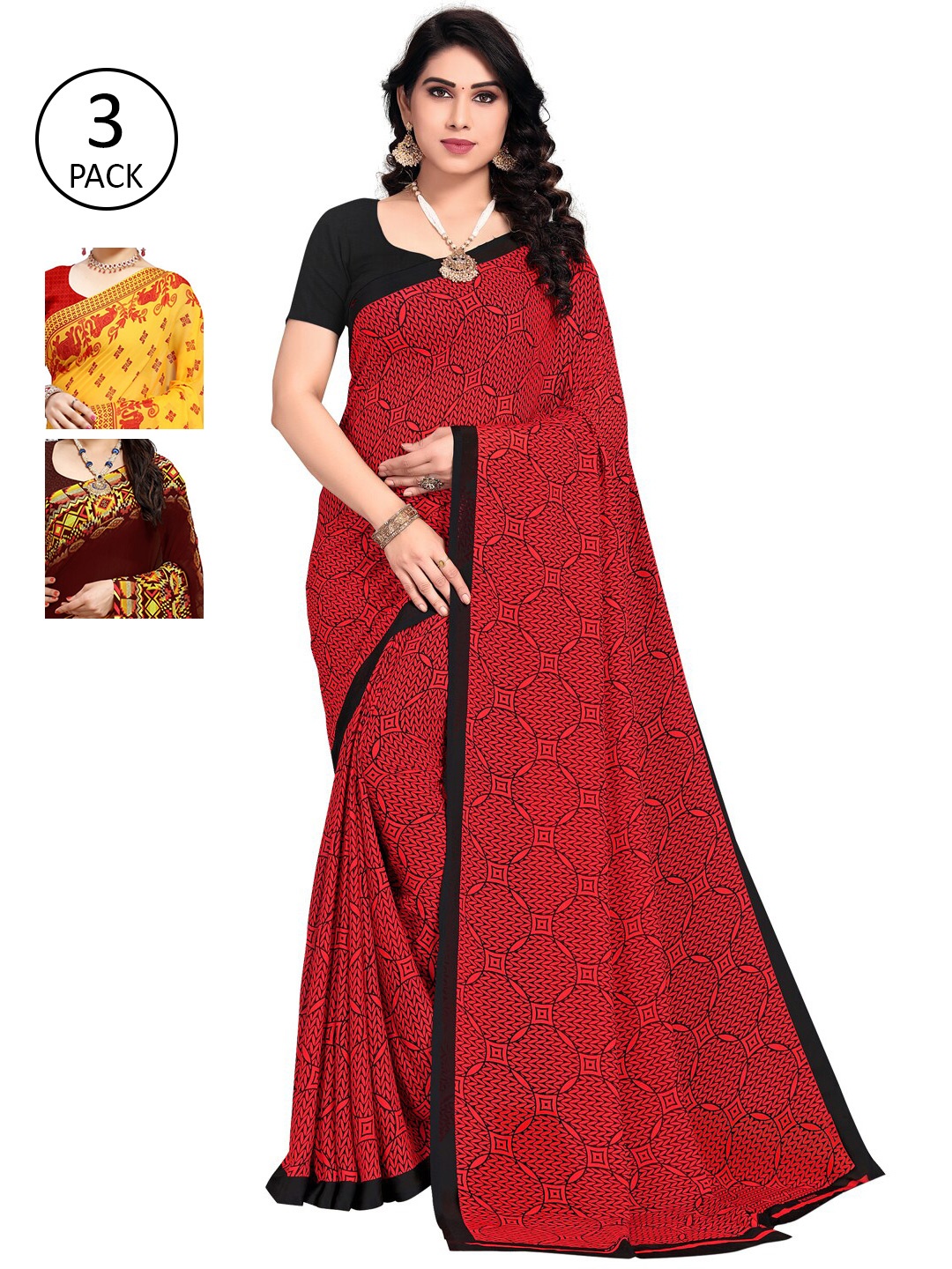 

KALINI Yellow & Maroon Ethnic Motifs Pack of 3 Saree