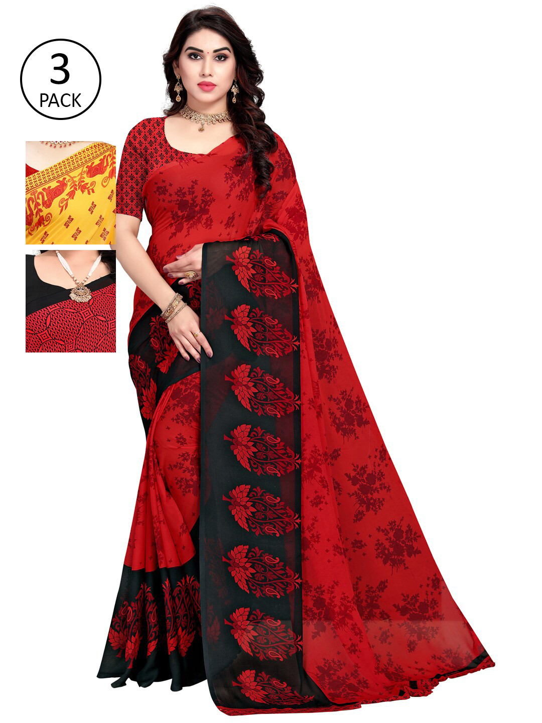 

KALINI Pack Of 3 Printed Saree, Red