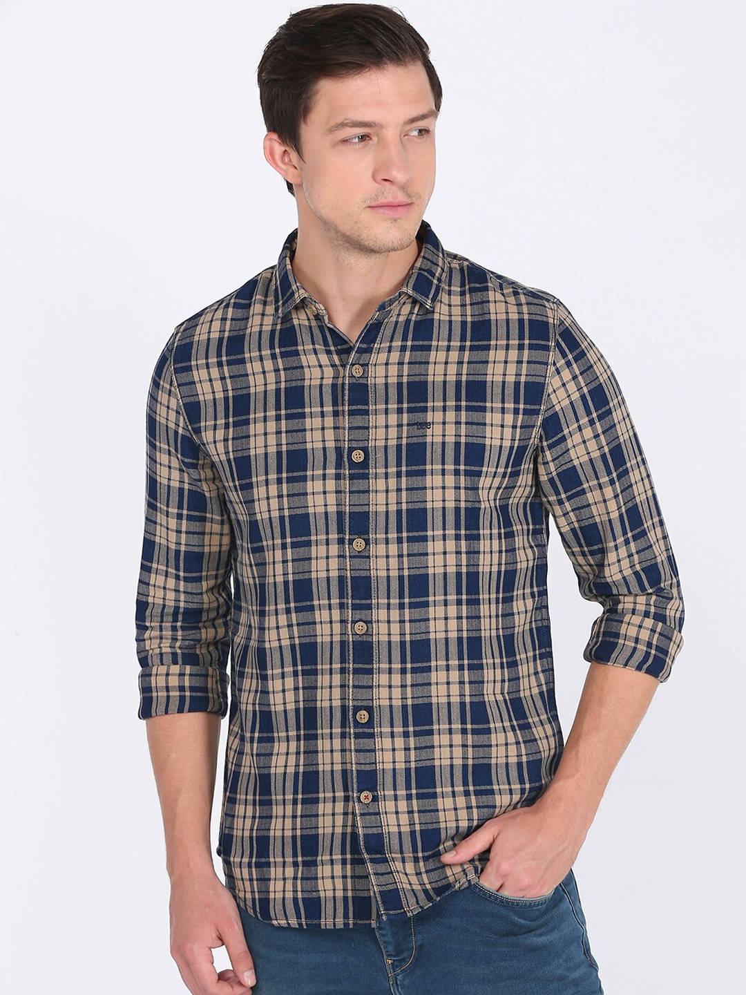 

Lee Men Navy Blue Slim Fit Checked Cotton Casual Shirt