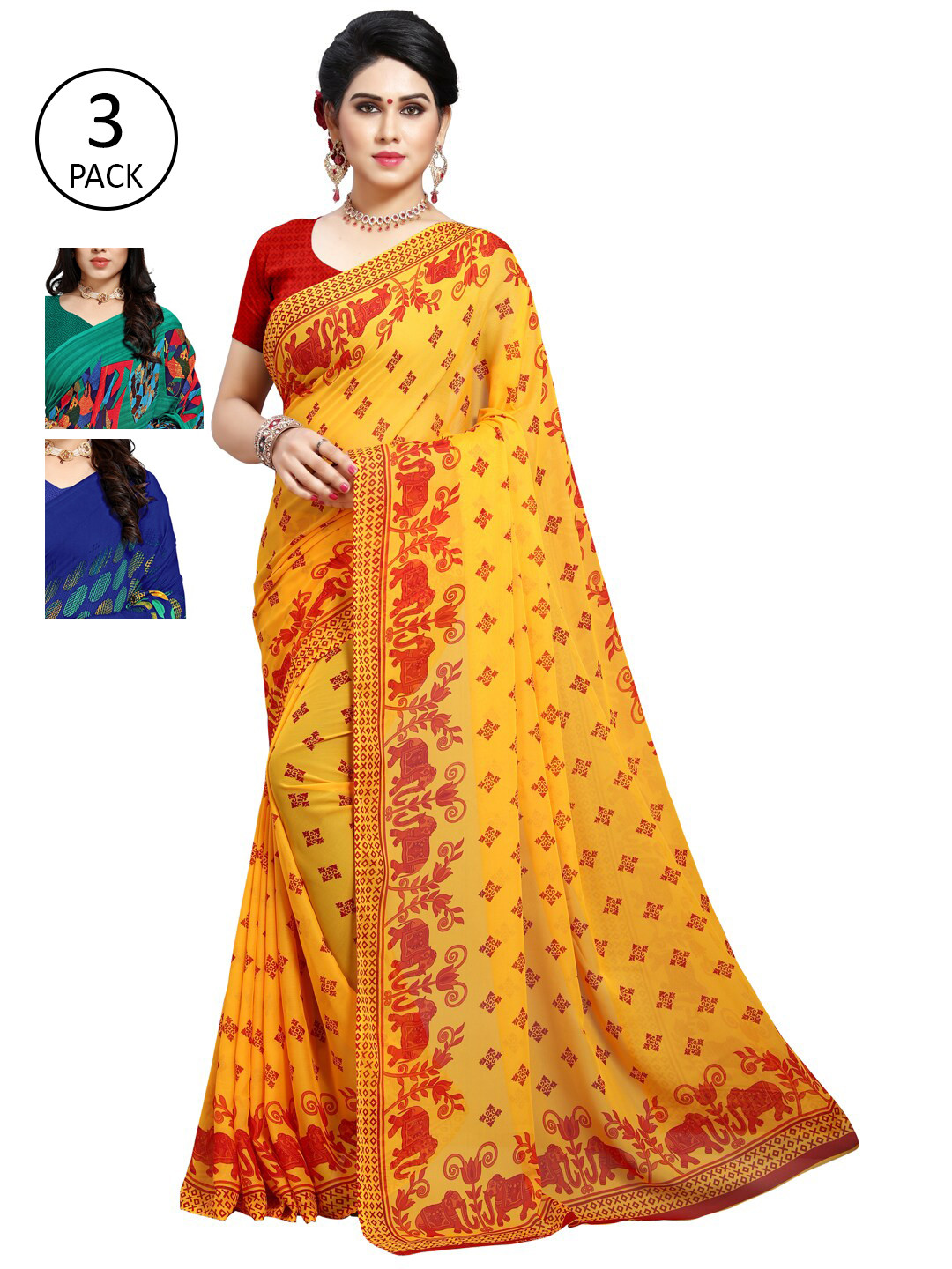 

KALINI Pack Of 3 Yellow & Blue Ethnic Motifs Saree