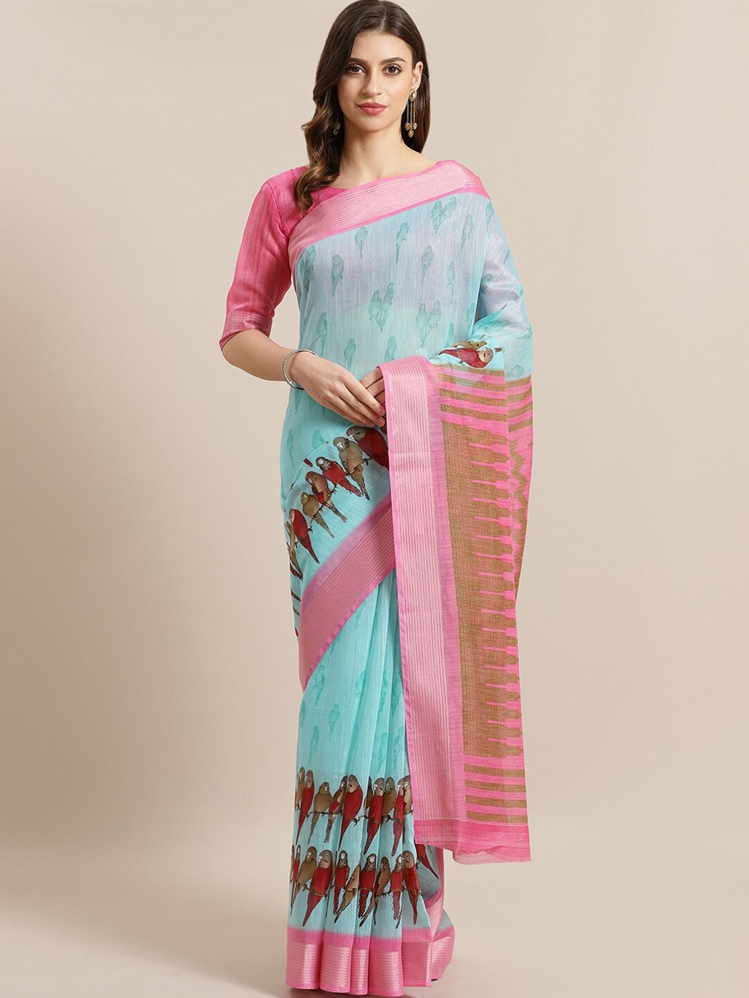 

Saree mall Sea Green & Pink Silk Cotton Sarees