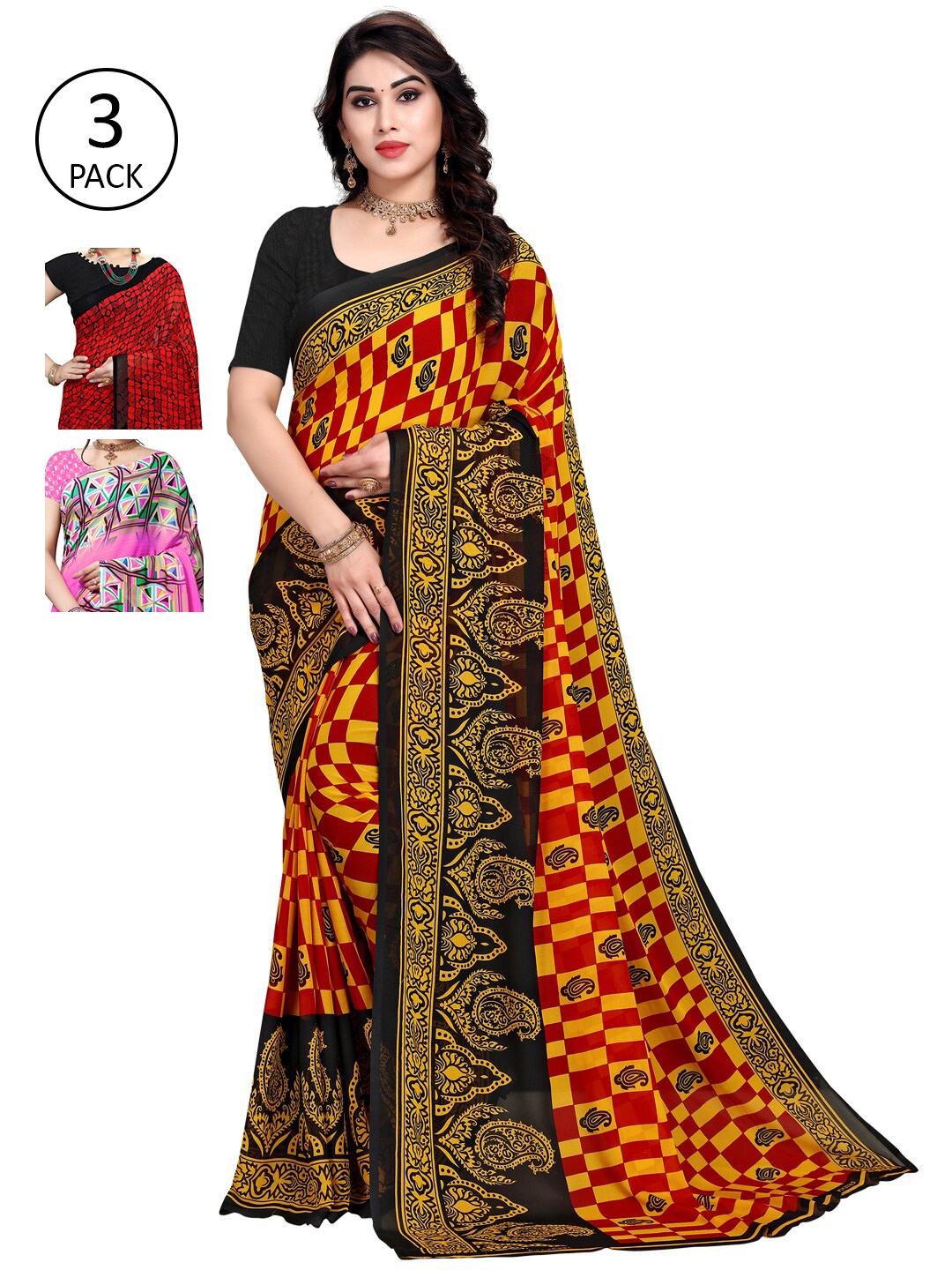

KALINI Pack Of 3 Pink & Yellow Saree