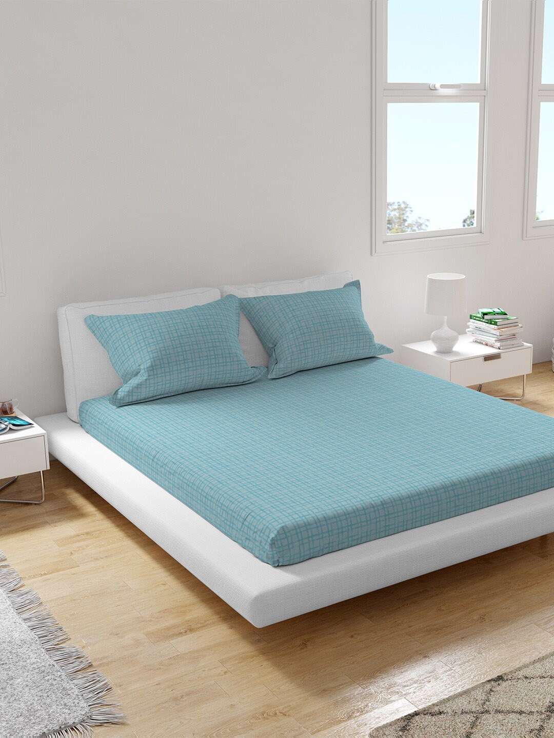 

Himeya Grey & Blue Geometric 300 TC King Sustainable Bedsheet with 2 Pillow Covers