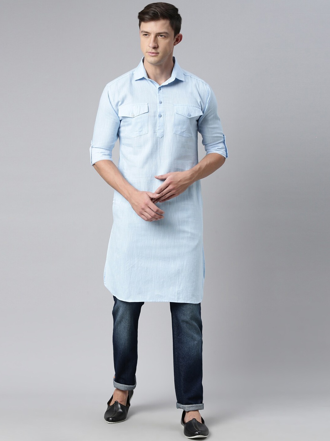 

Kryptic Men Blue Solid Pure Cotton Pathani Kurta