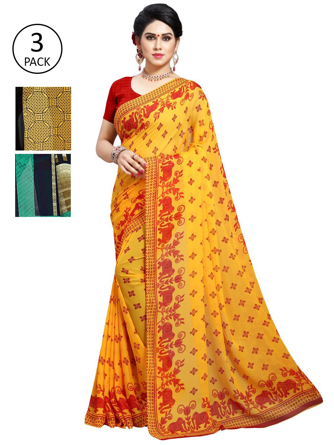 

KALINI Pack of 3 Printed Poly Georgette Saree, Yellow
