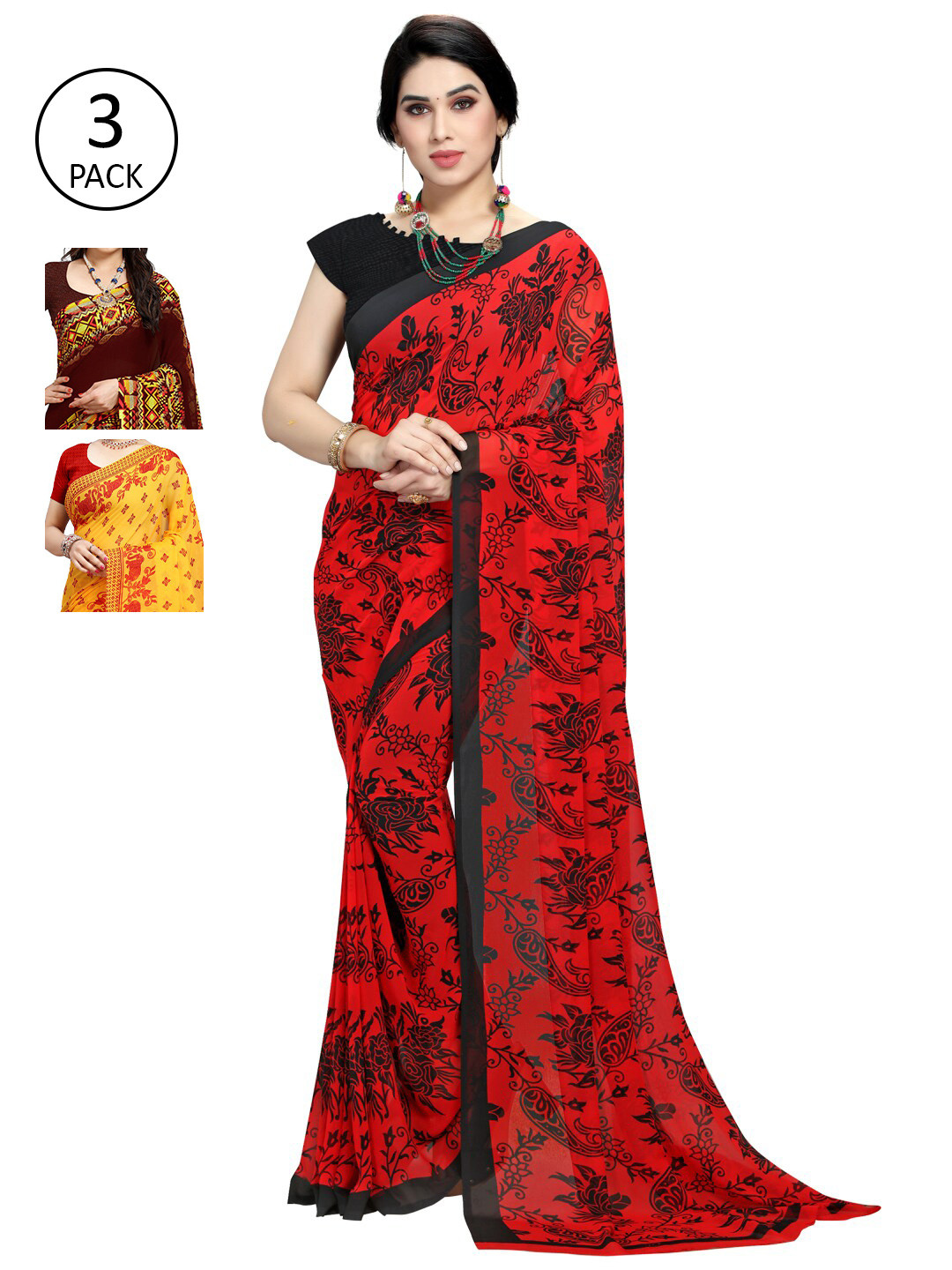 

KALINI Pack of 3 Ethnic Motifs Poly Georgette Saree, Yellow