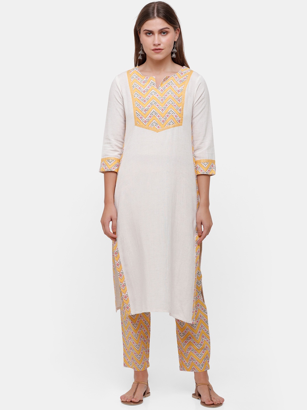 

IMARA Women Off White & Mustard Yellow Ethnic Motifs Kurta with Trousers