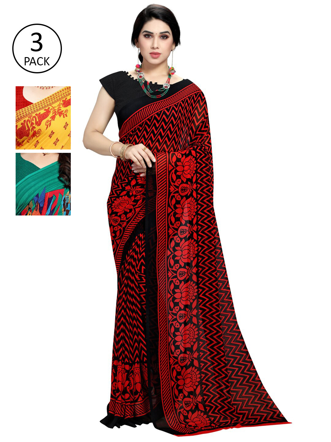 

KALINI Pack of 3 Ethnic Motifs Poly Georgette Saree, Yellow
