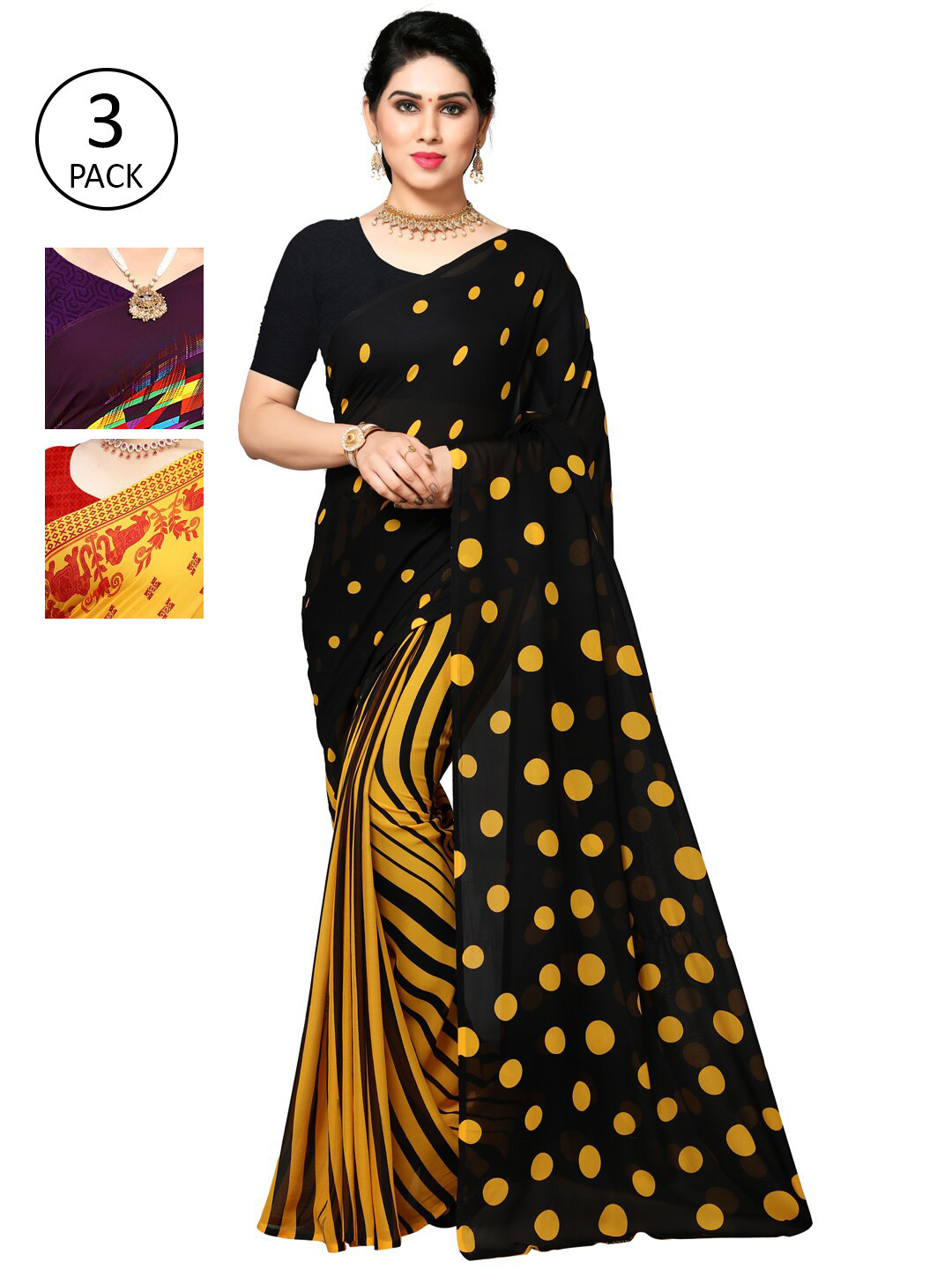 

KALINI Women Pack of 3 Poly Georgette Sarees, Black