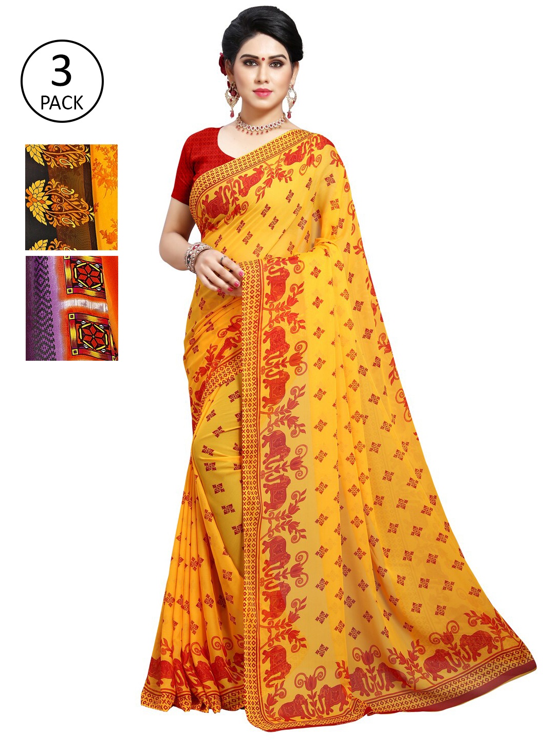 

KALINI Pack of 3 Printed Poly Georgette Saree, Yellow