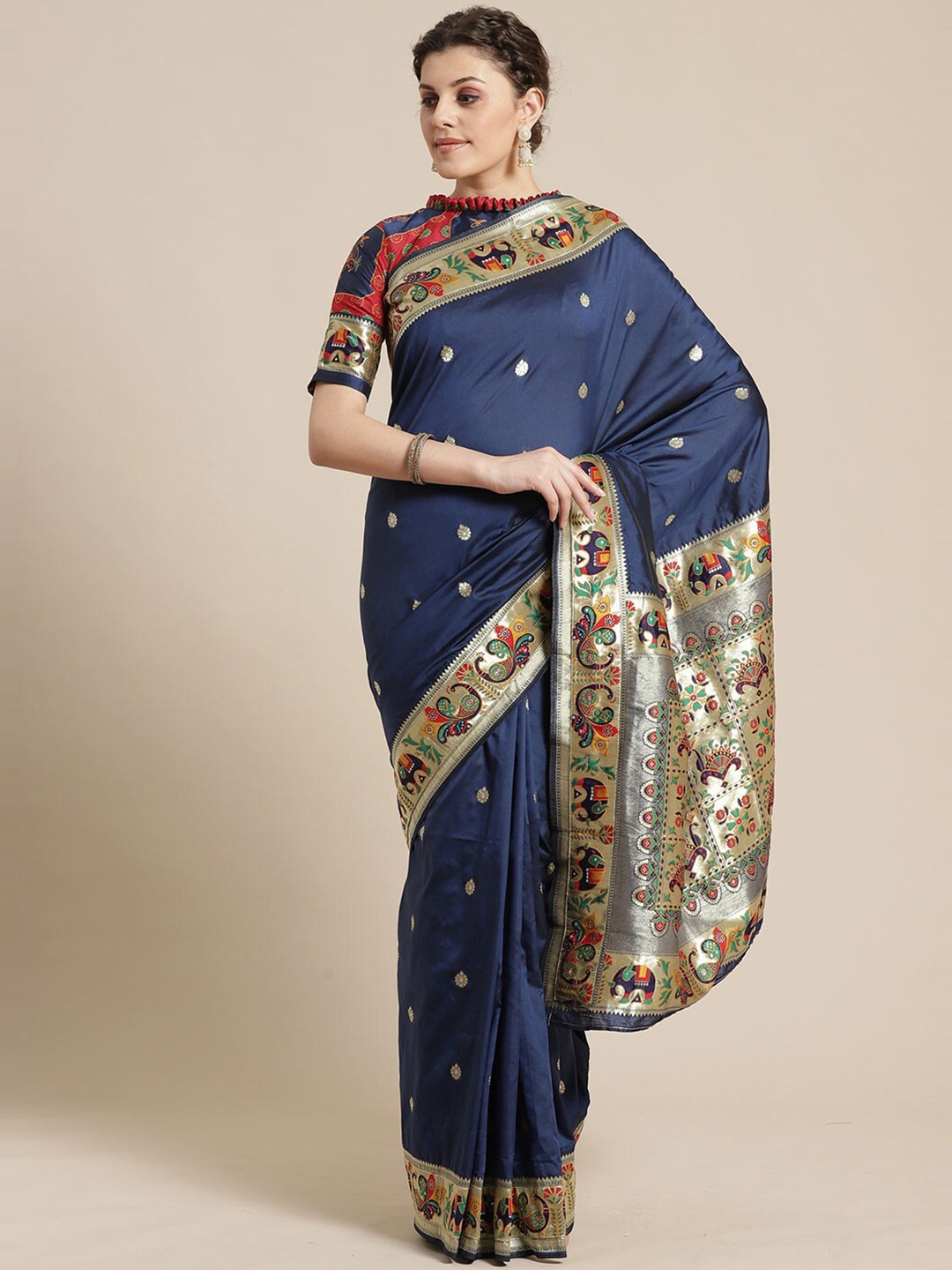 

Saree mall Navy Blue & Beige Ethnic Motifs Silk Blend Sarees