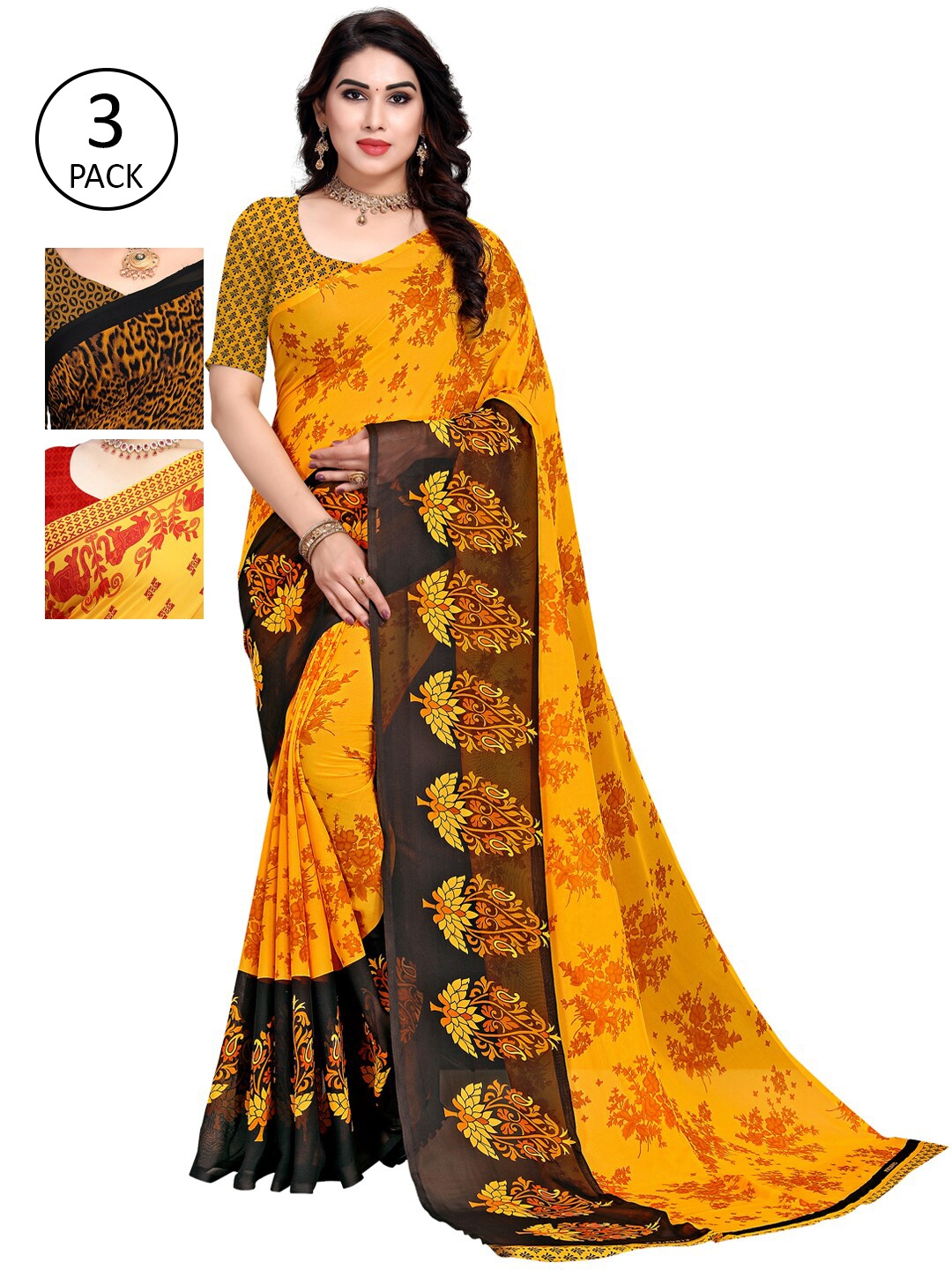 

KALINI Pack Of 3 Printed Saree, Yellow