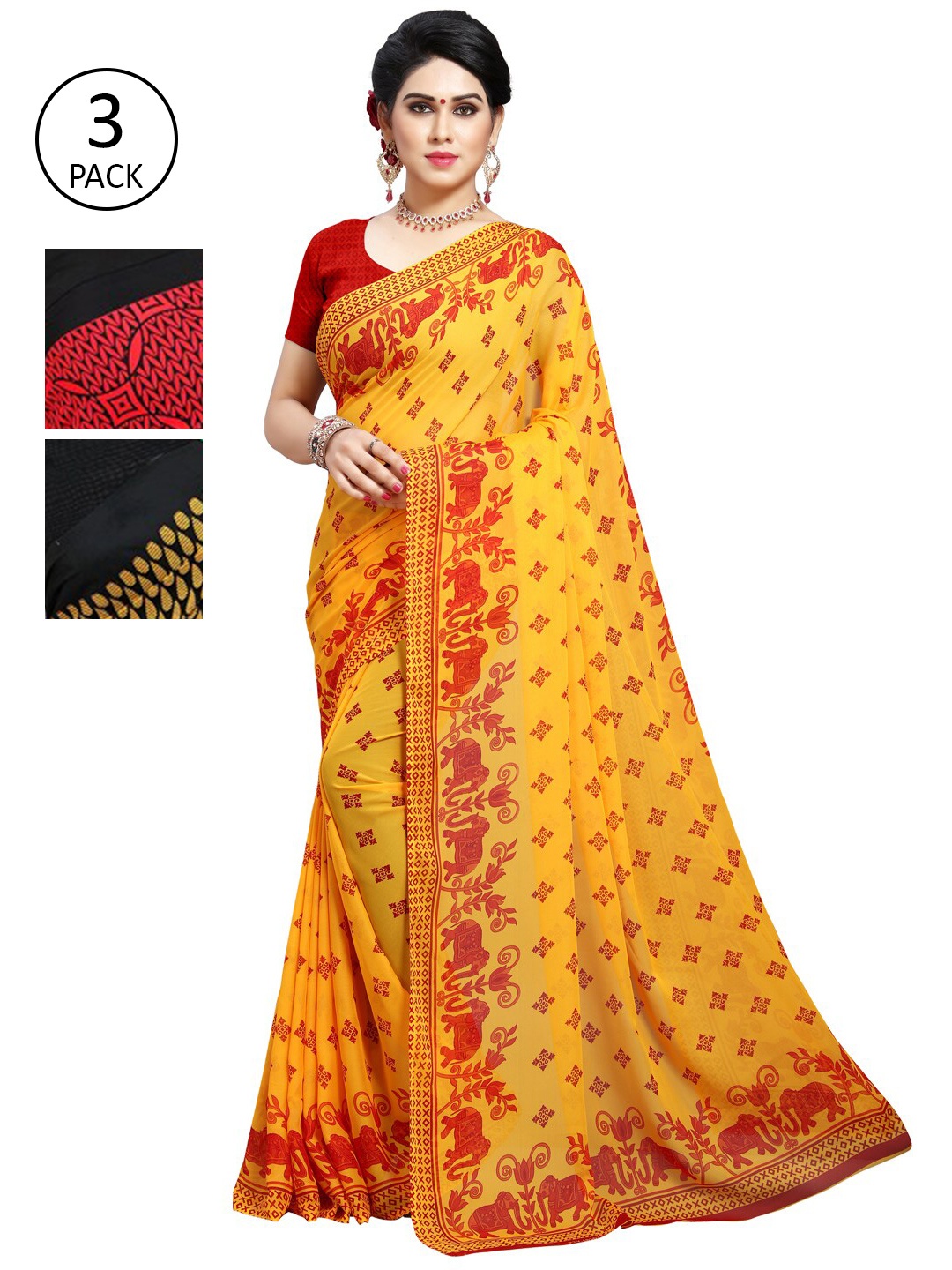 

KALINI Pack of 3 Printed Poly Georgette Saree, Multi