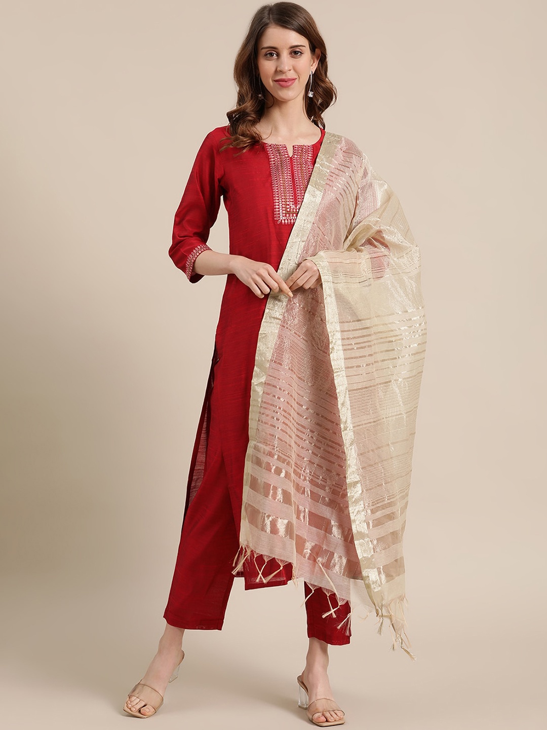 

Varanga Women Maroon Embroidered Yoke Design Kurta with Trousers & Dupatta