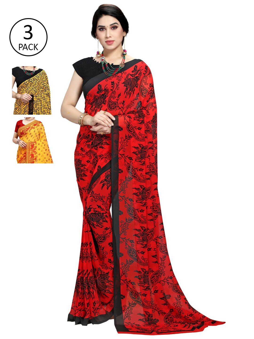 

KALINI Pack Of 3 Red & Yellow Saree