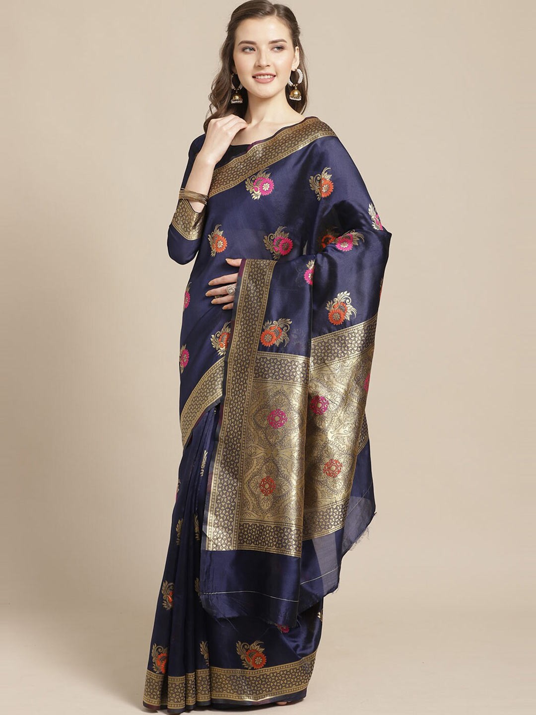 

Saree mall Navy Blue & Red Floral Zari Silk Blend Sarees