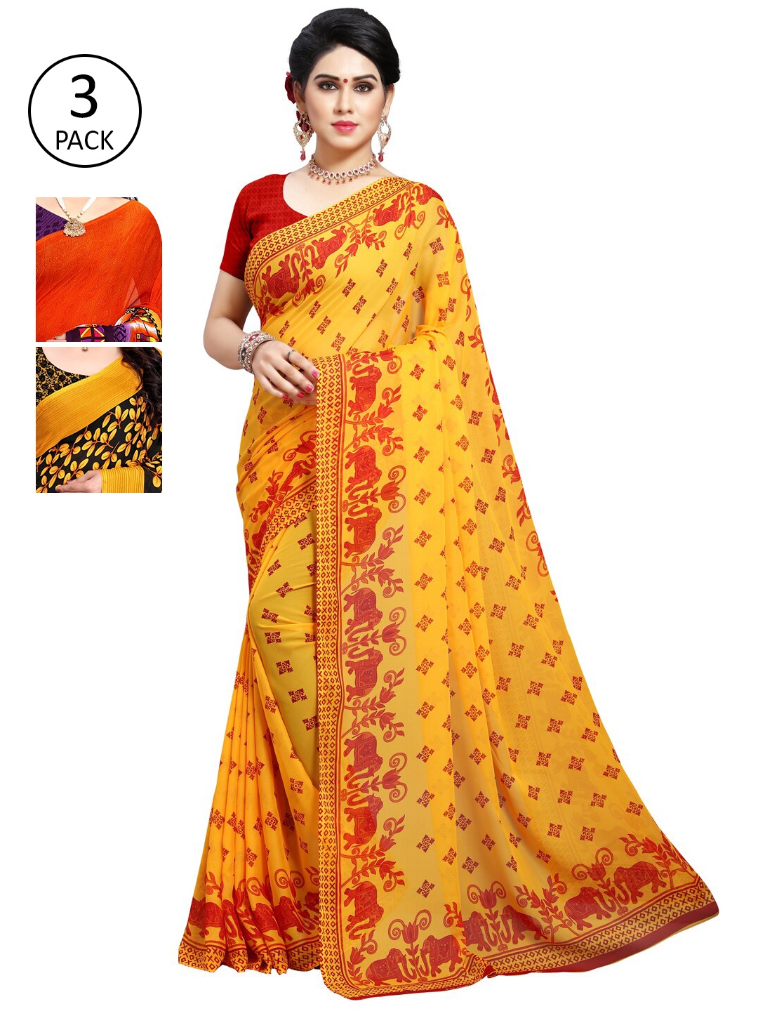 

KALINI Pack Of 3 Ethnic Motifs Sarees, Yellow