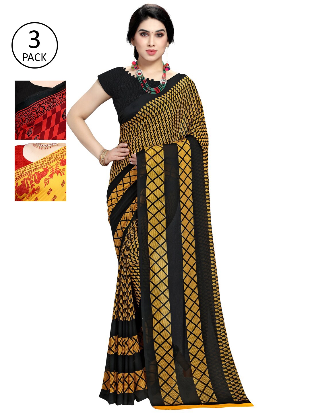 

KALINI Yellow Black & Red Ethnic Motifs & Geometric Print Saree With Blouse Piece Set of 3