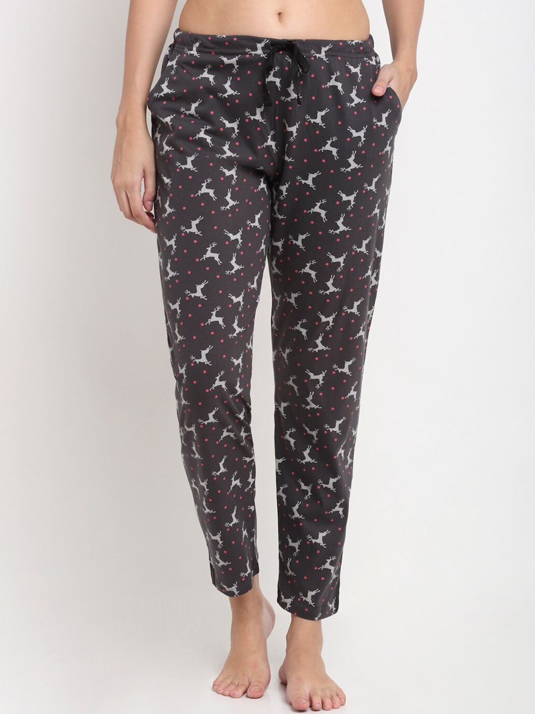 

Kanvin Women Charcoal Grey & Red Printed Pure Cotton Lounge Pants
