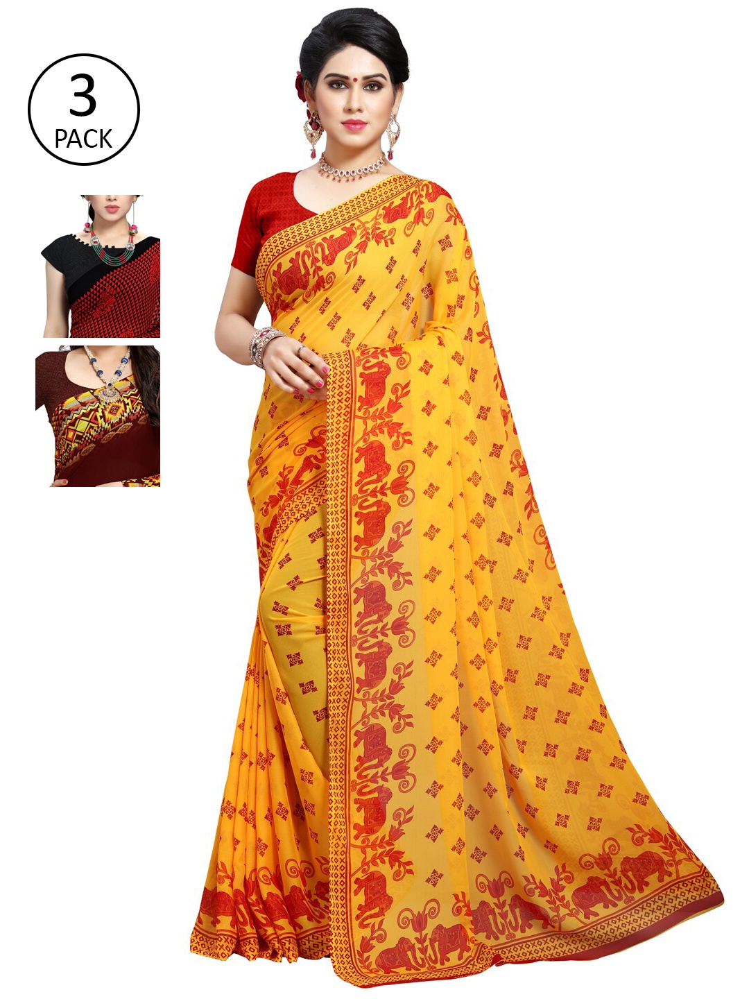 

KALINI Pack of 3 Ethnic Motifs Poly Georgette Saree, Yellow