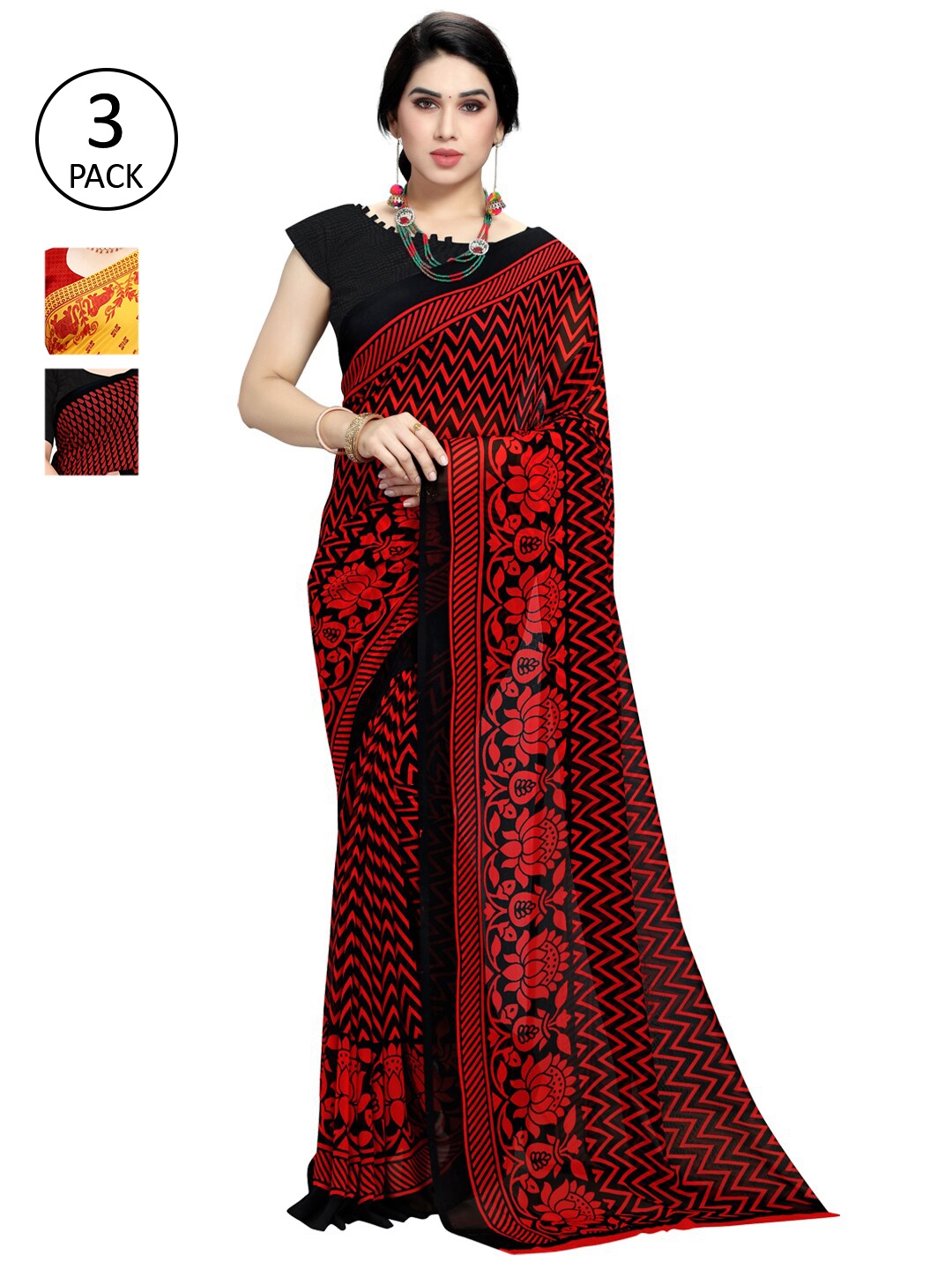

KALINI Women Pack Of 3 Multi Printed Sarees, Red
