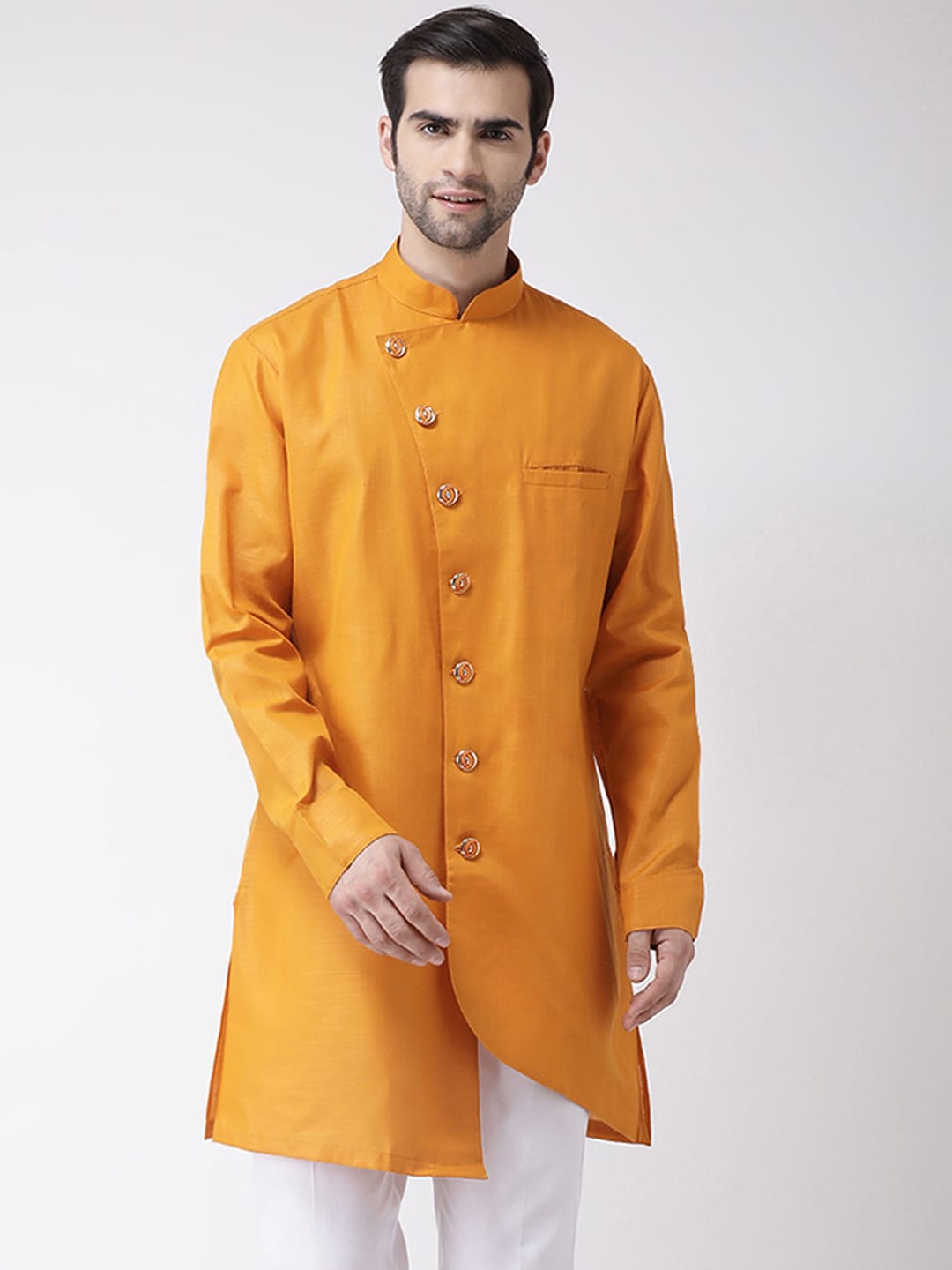 

SG LEMAN Men Mustard Yellow Solid Pure Cotton Angrakha Kurta