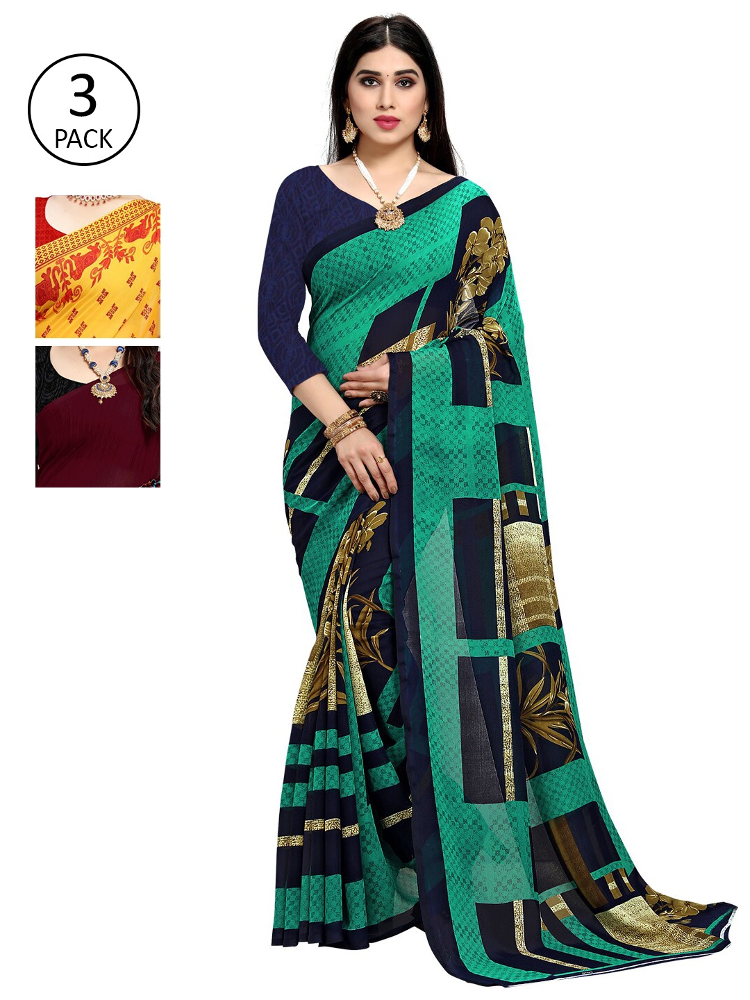 

KALINI Pack of 3 Printed Poly Georgette Saree, Burgundy