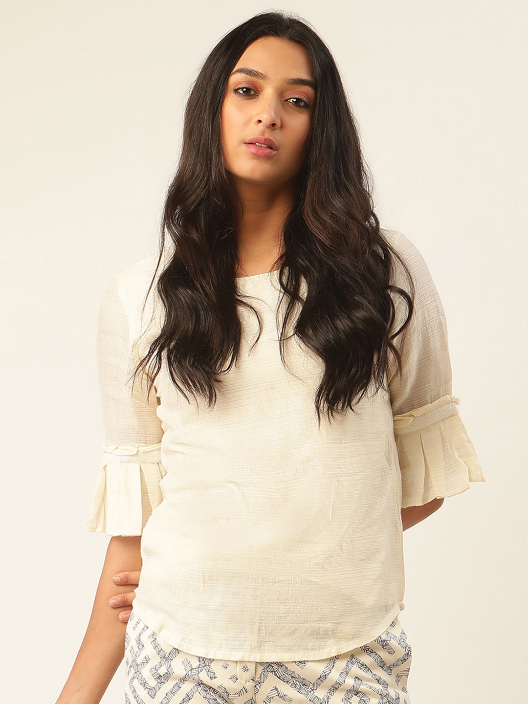 

ROOTED Women Beige Coloured Bell Sleeve Regular Top