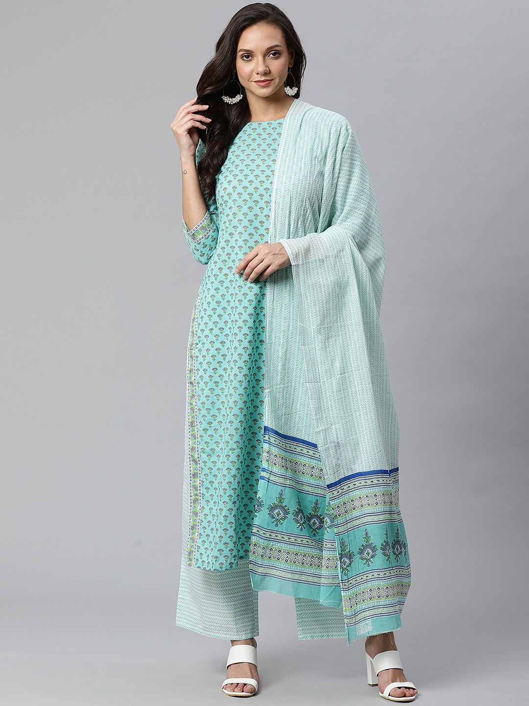 

Indo Era Women Sea Green Ethnic Motifs Pure Cotton Kurta with Palazzo & Dupatta
