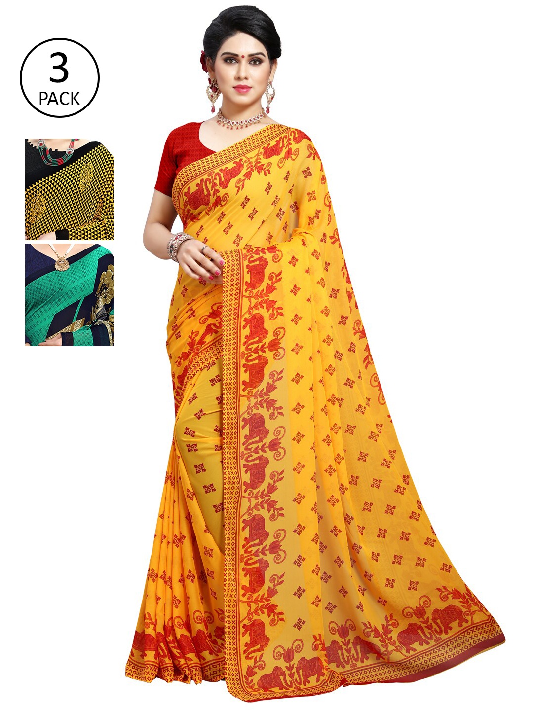 

KALINI Pack Of 3 Yellow & Red Ethnic Motifs Saree