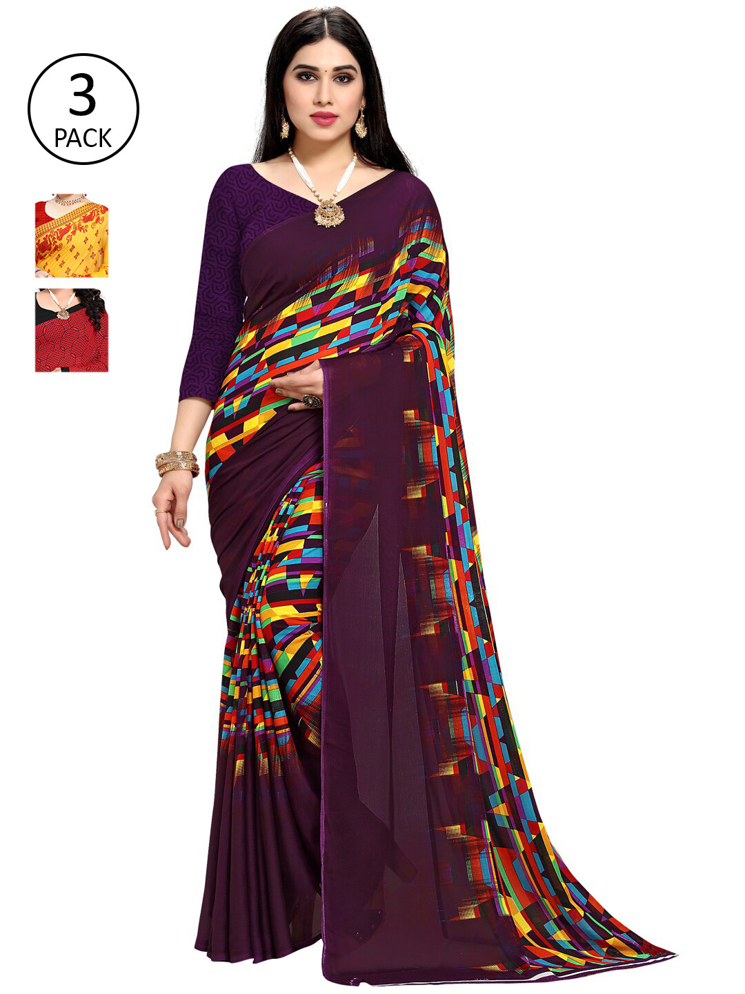 

KALINI Pack Of 3 Ethnic Motifs Sarees, Red