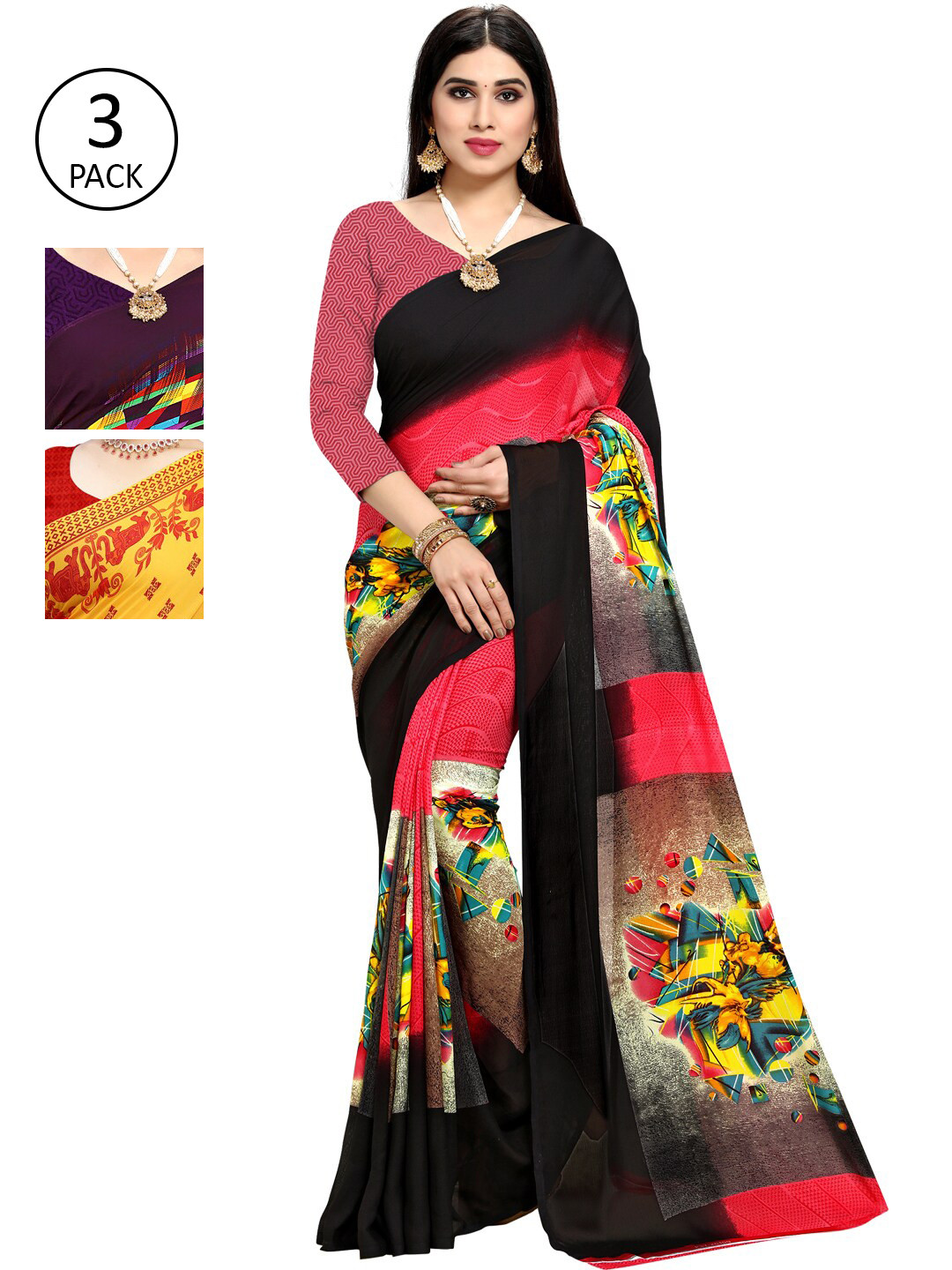 

KALINI Pack Of 3 Poly Georgette Printed Sarees, Yellow