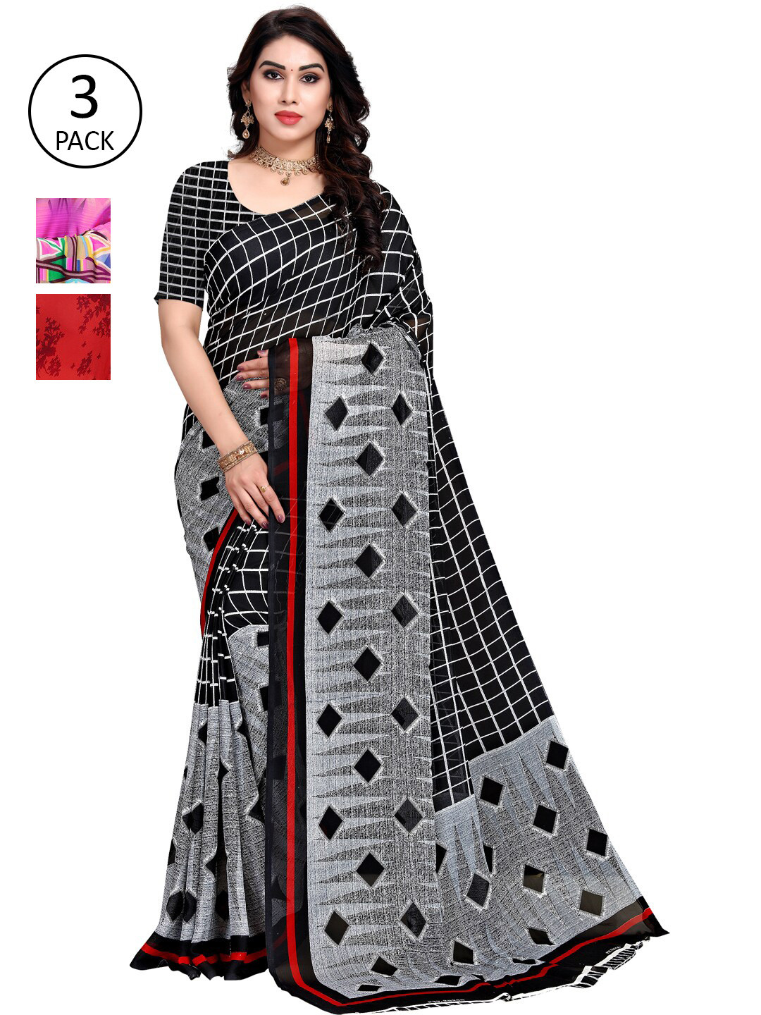 

KALINI Pack of 3 Printed Poly Georgette Saree, Multi
