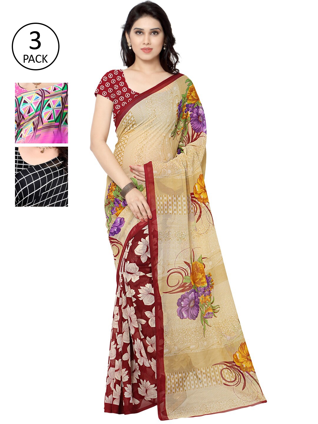 

KALINI Pack of 3 Printed Poly Georgette Saree, Multi