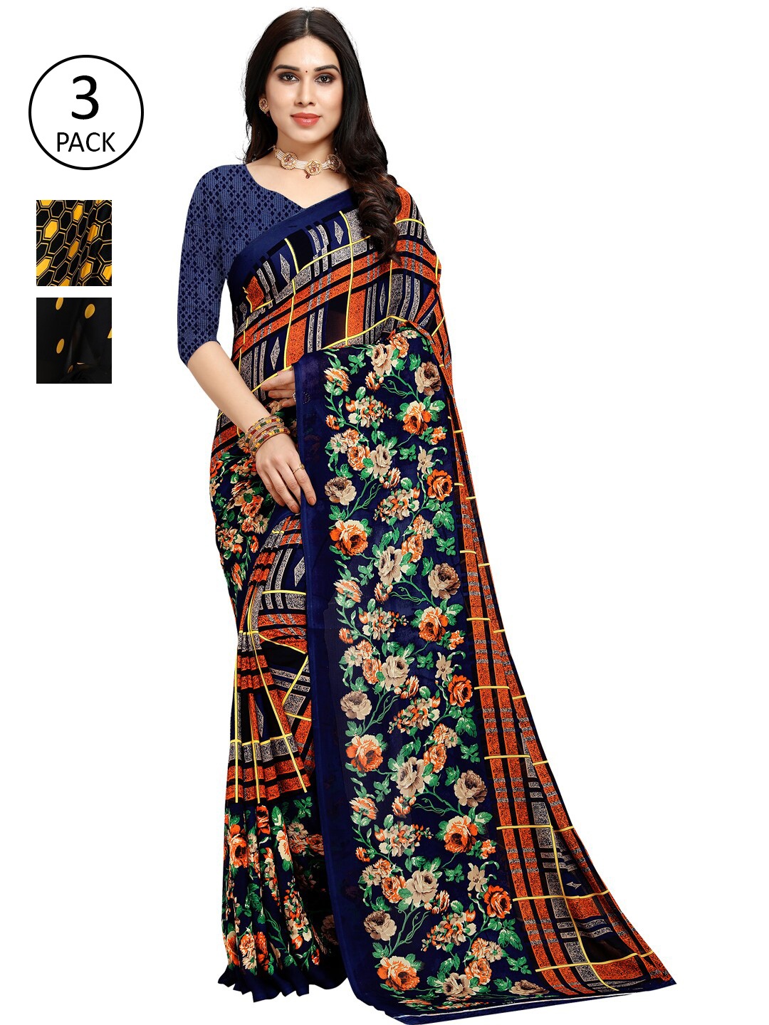 

KALINI Women Pack of 3 Printed Saree, Black