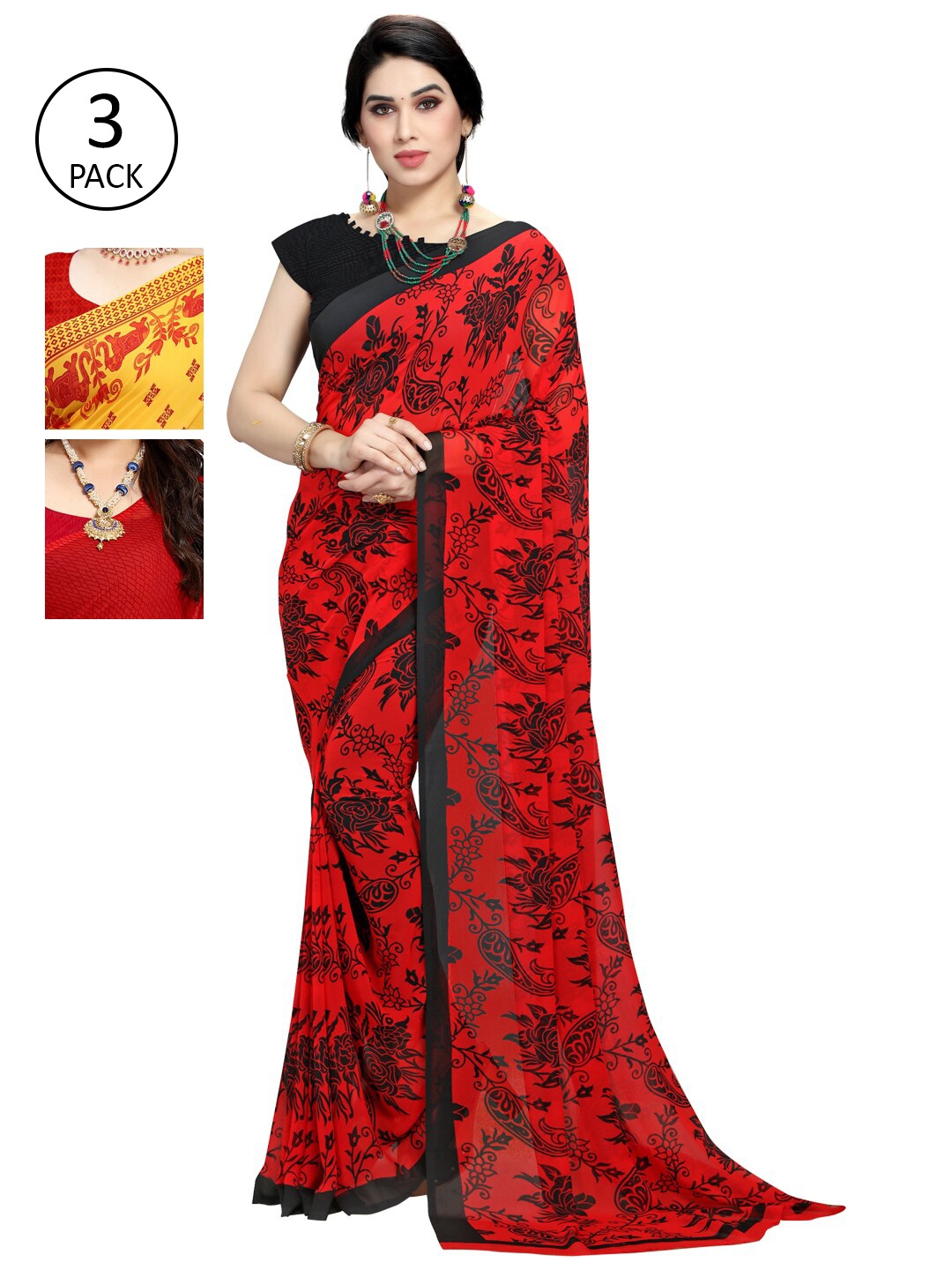 

KALINI Pack Of 3 Poly Georgette Printed Sarees, Orange