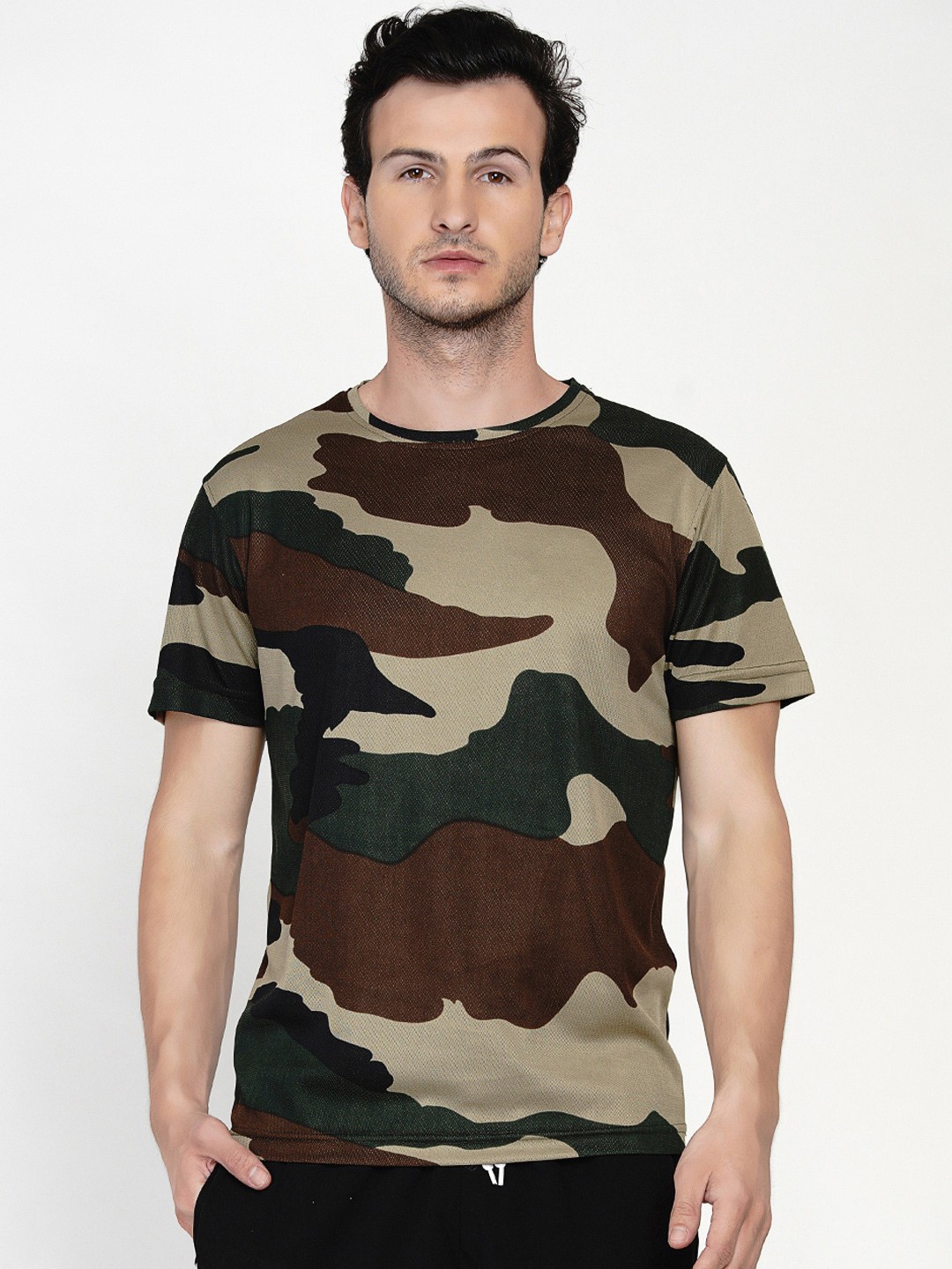

ARMISTO Men Olive Green & Brown Camouflage Printed Dri-Fit Training & Gym T-shirt