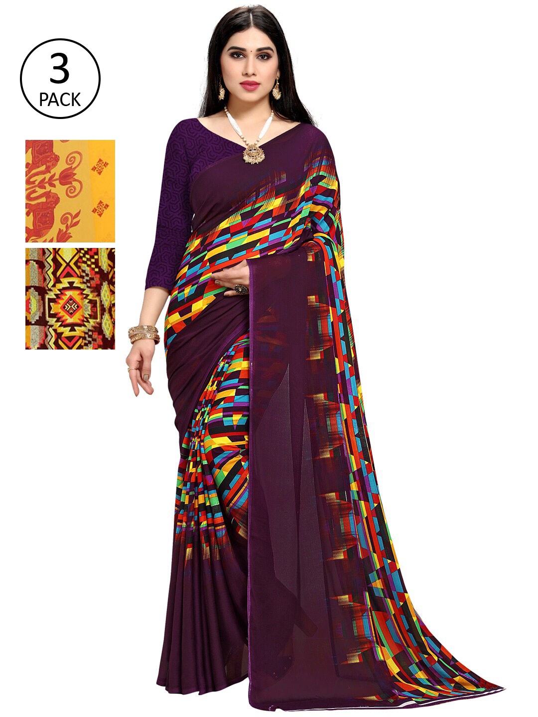 

KALINI Pack Of 3 Poly Georgette Printed Sarees, Yellow