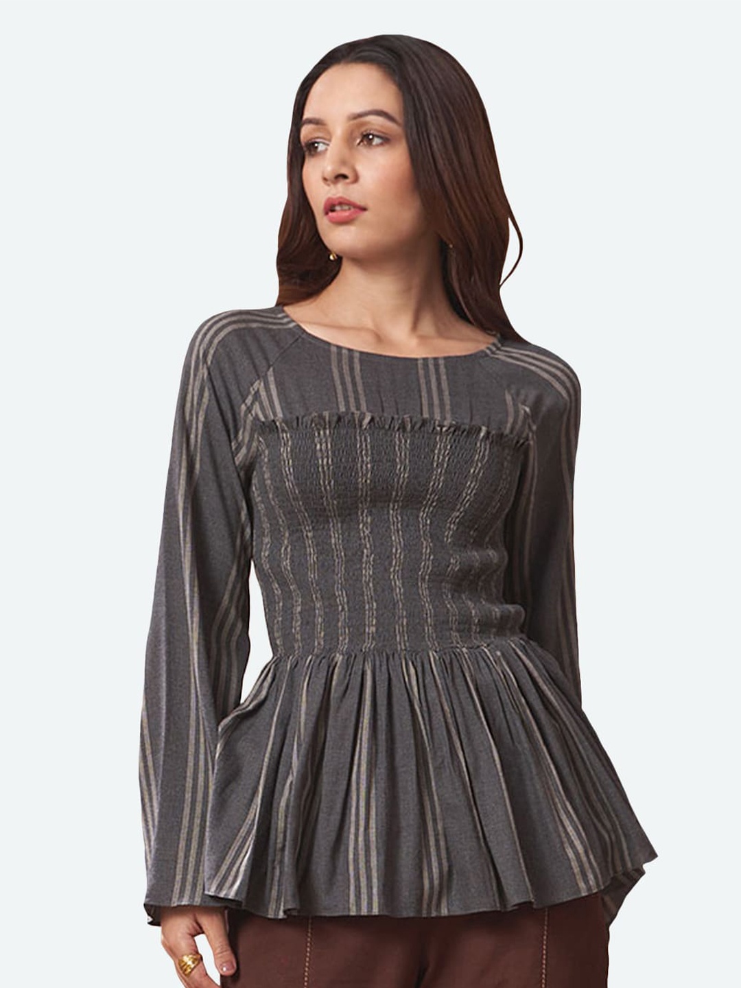 

DEEBACO Women Grey Vertical Striped Smoked Peplum Top