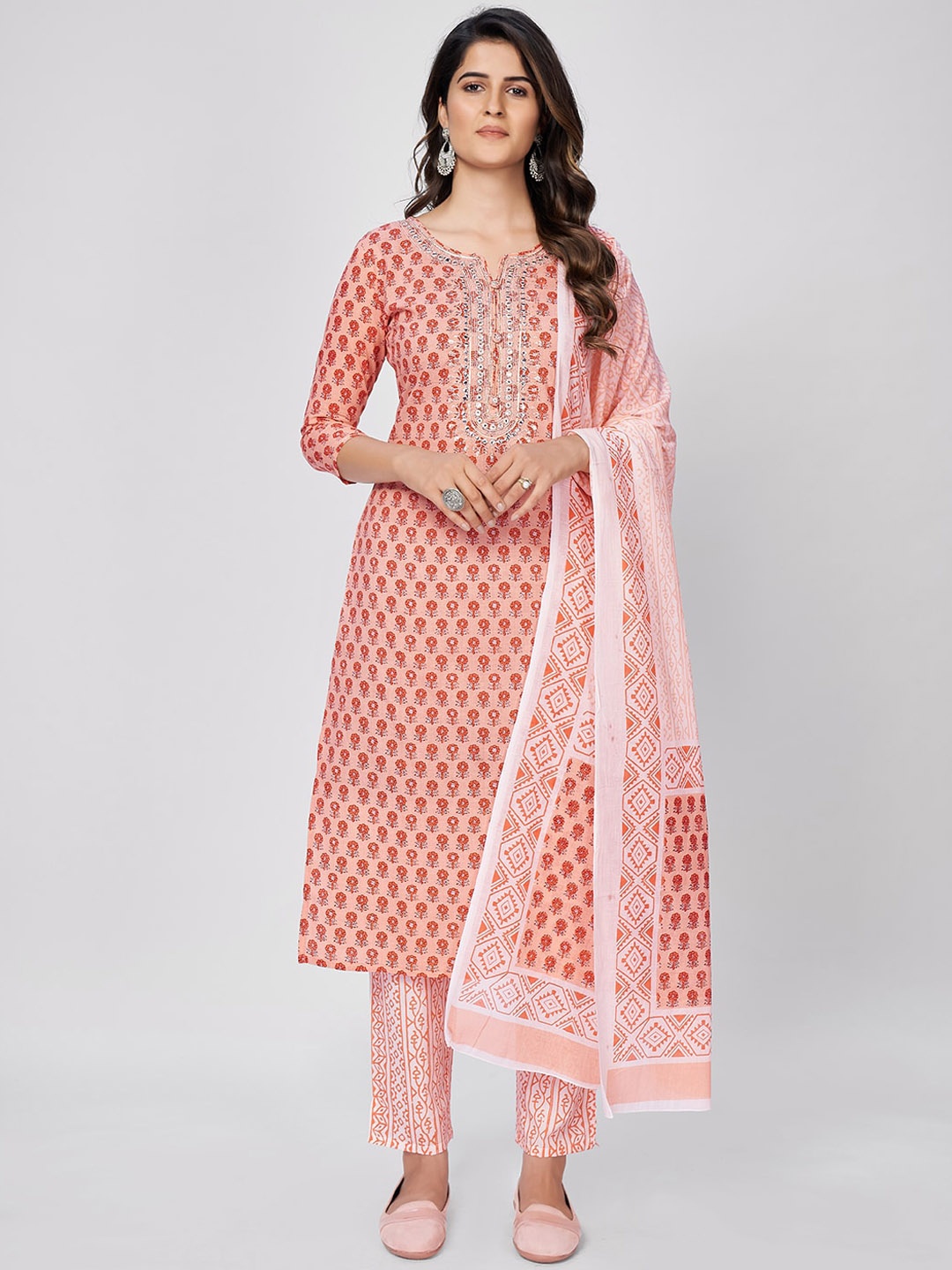 

Vbuyz Women Orange Printed Kurta with Trousers & With Dupatta