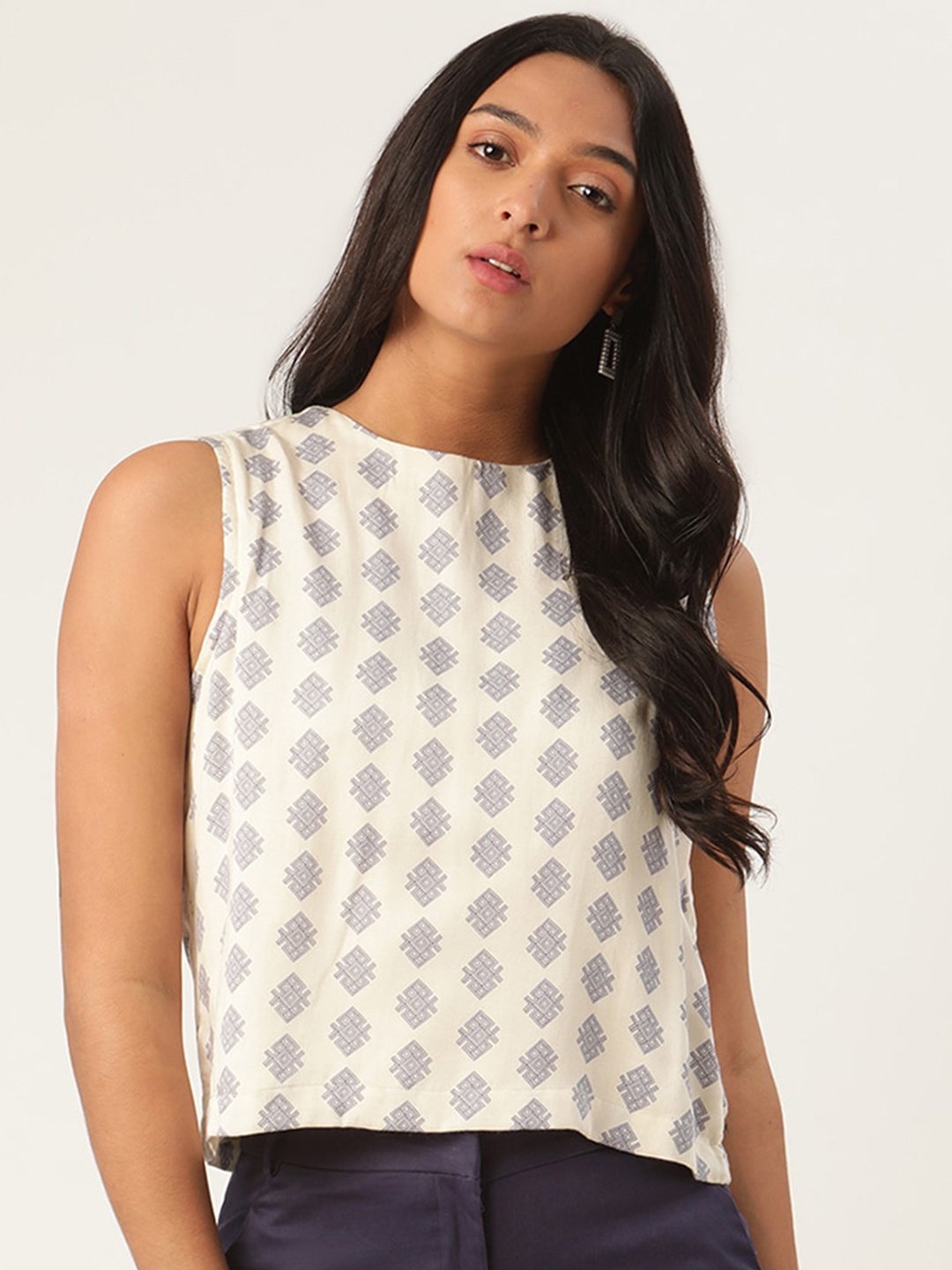 

ROOTED Beige Printed Boat Neck Crop Sleeveless Top