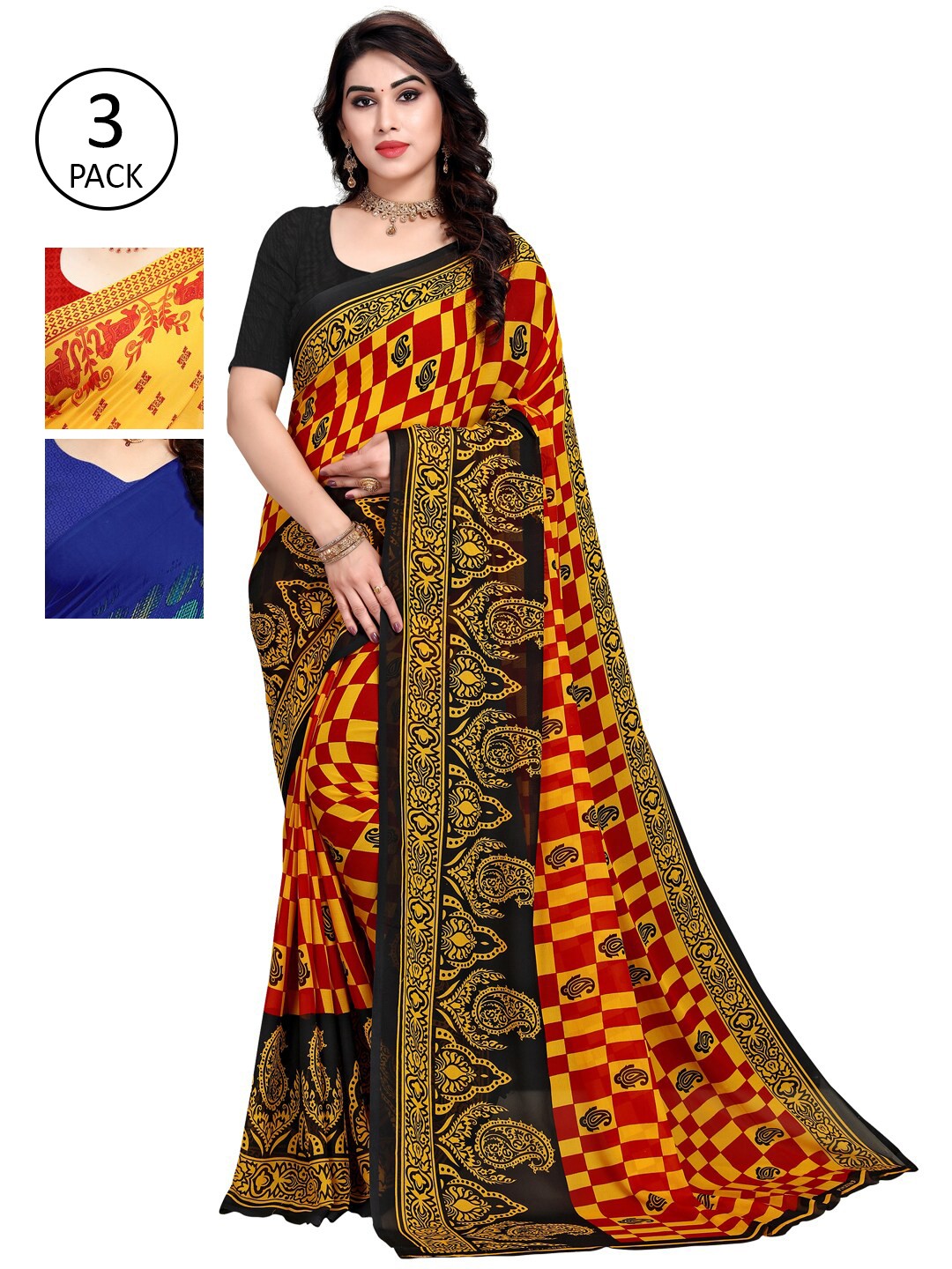 

KALINI Pack of 3 Ethnic Motifs Poly Georgette Saree, Yellow
